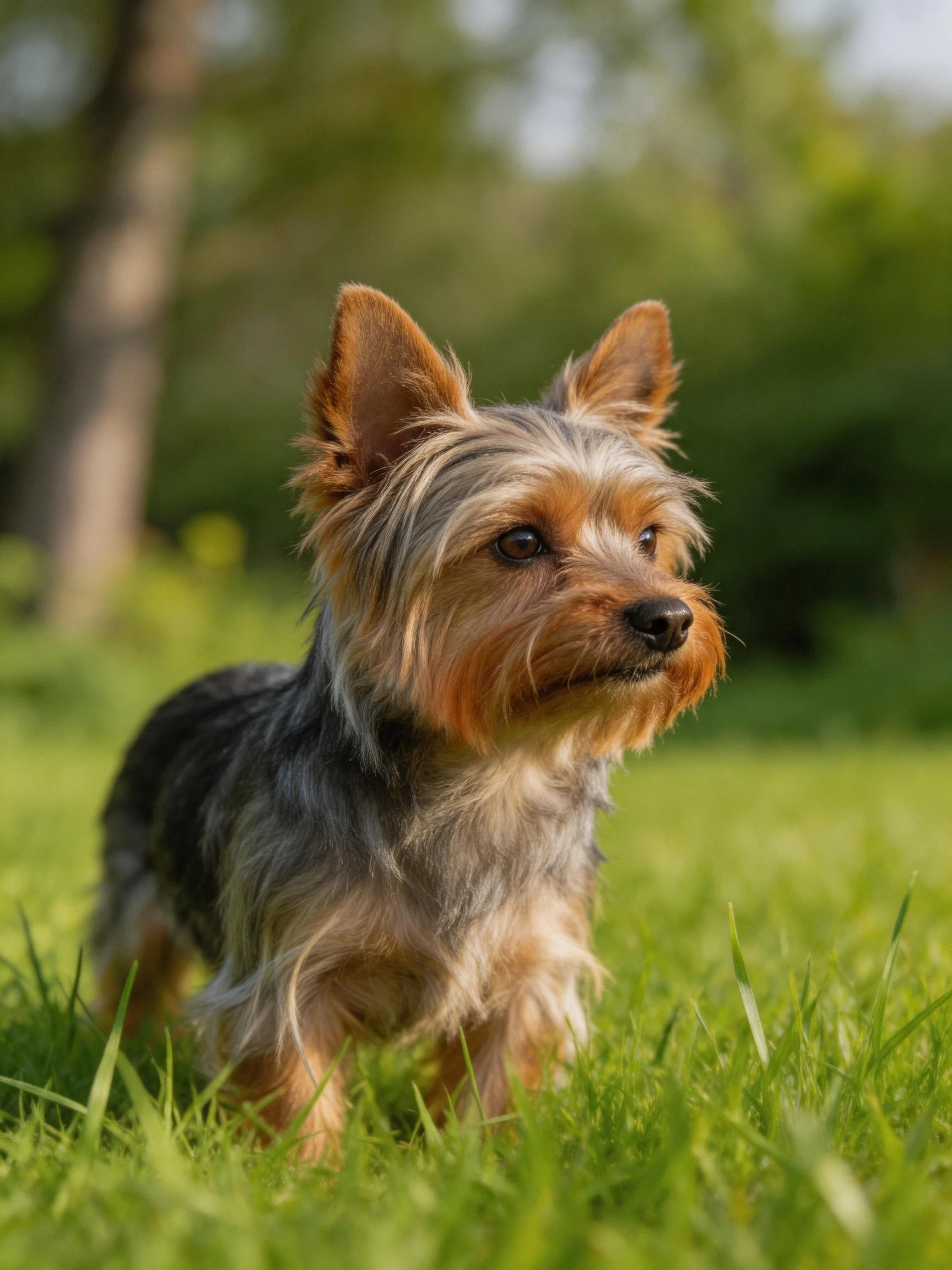 A small dog with brown and gray fur stands on lush green grass outdoors.