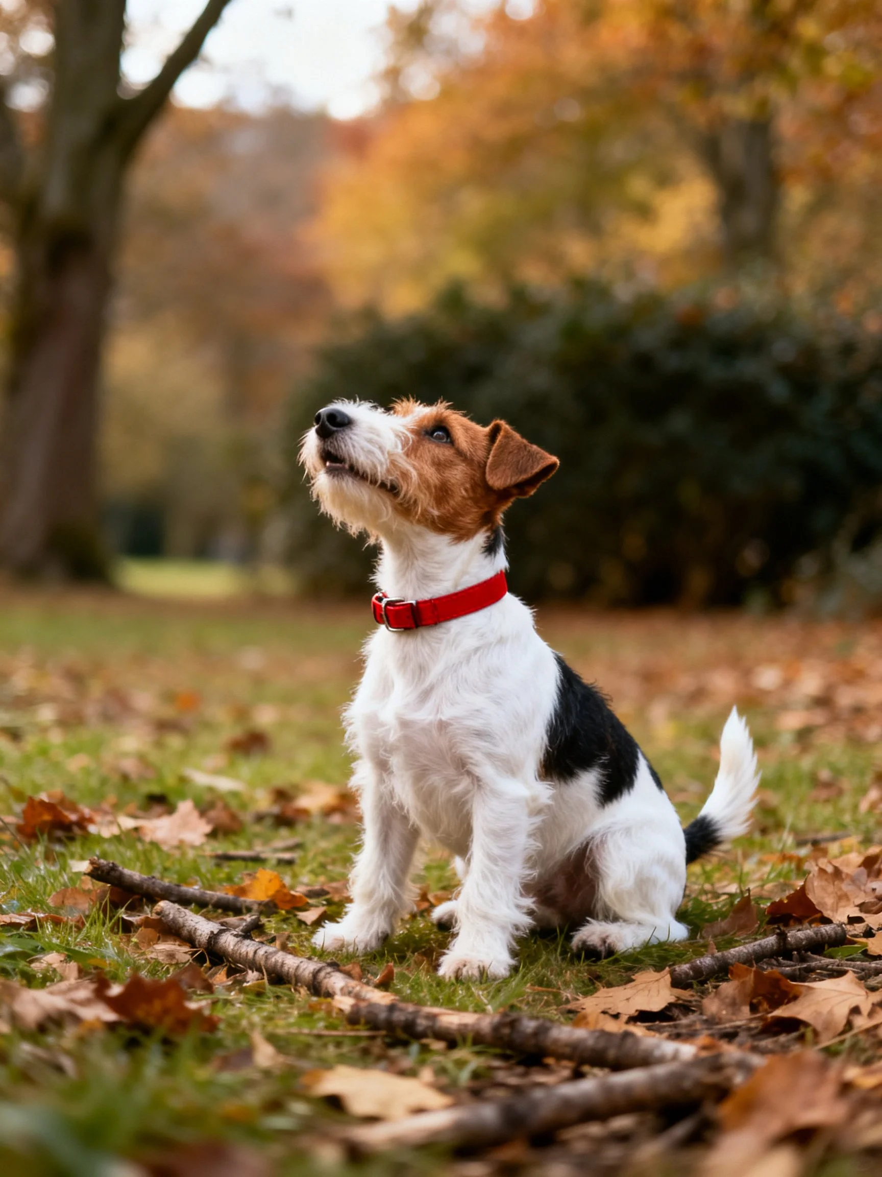 A small dog with a red collar sits in an autumn park setting.