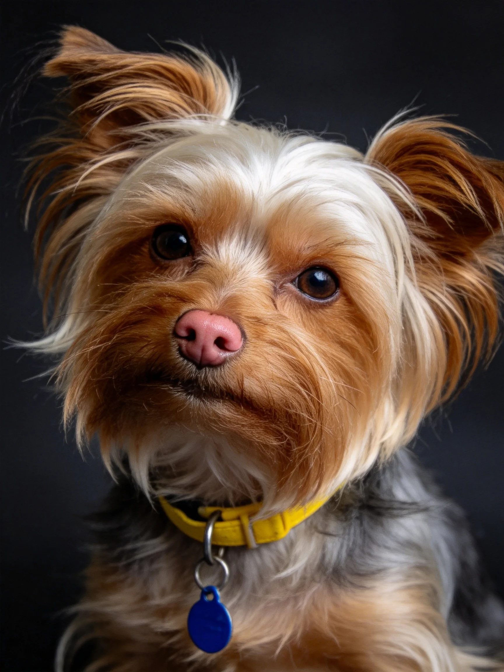 A small dog with brown and white fur and a yellow collar looks directly at the camera against a dark backdrop.