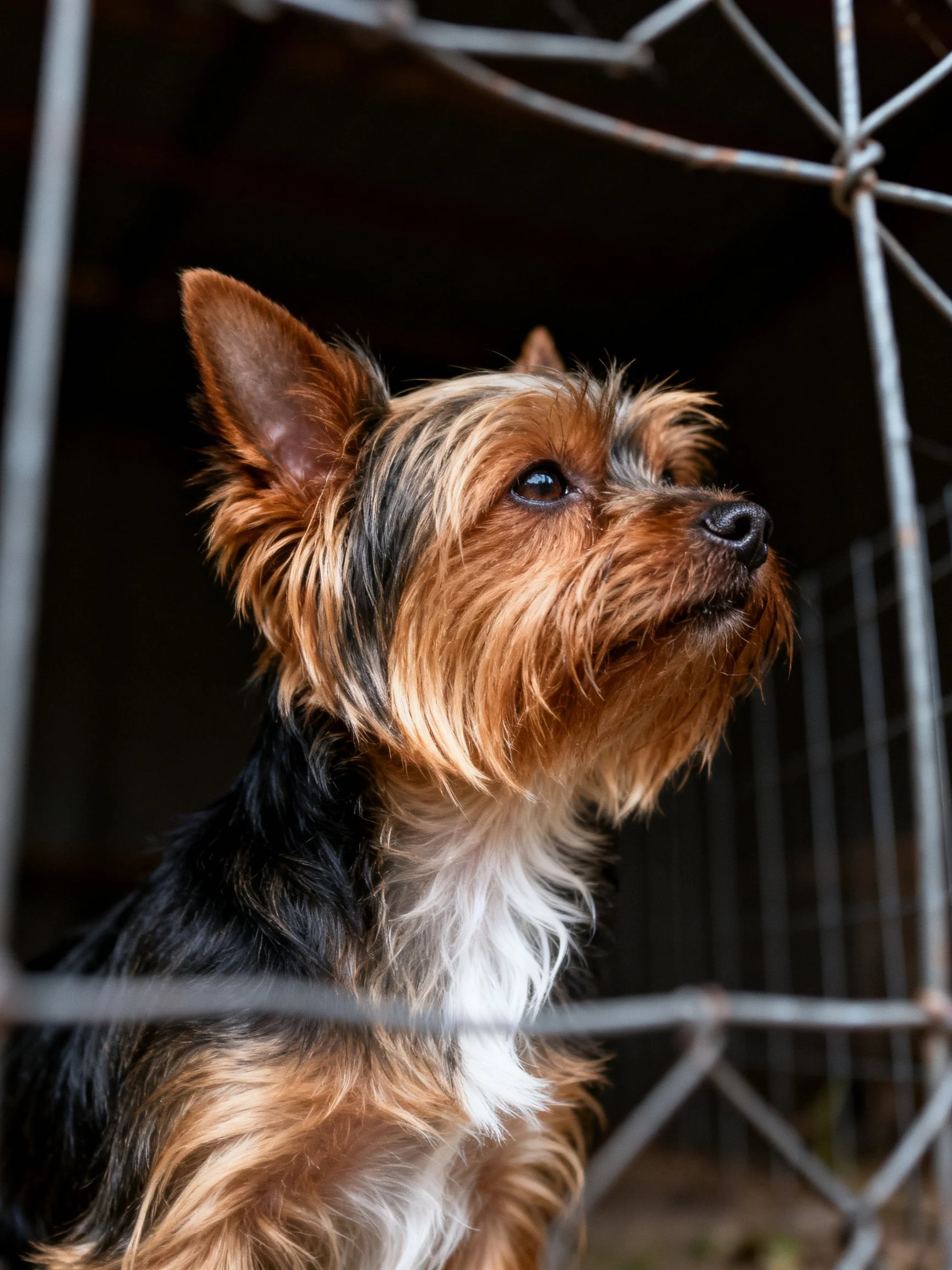 A small dog with multicolored fur is positioned behind a metal fence.