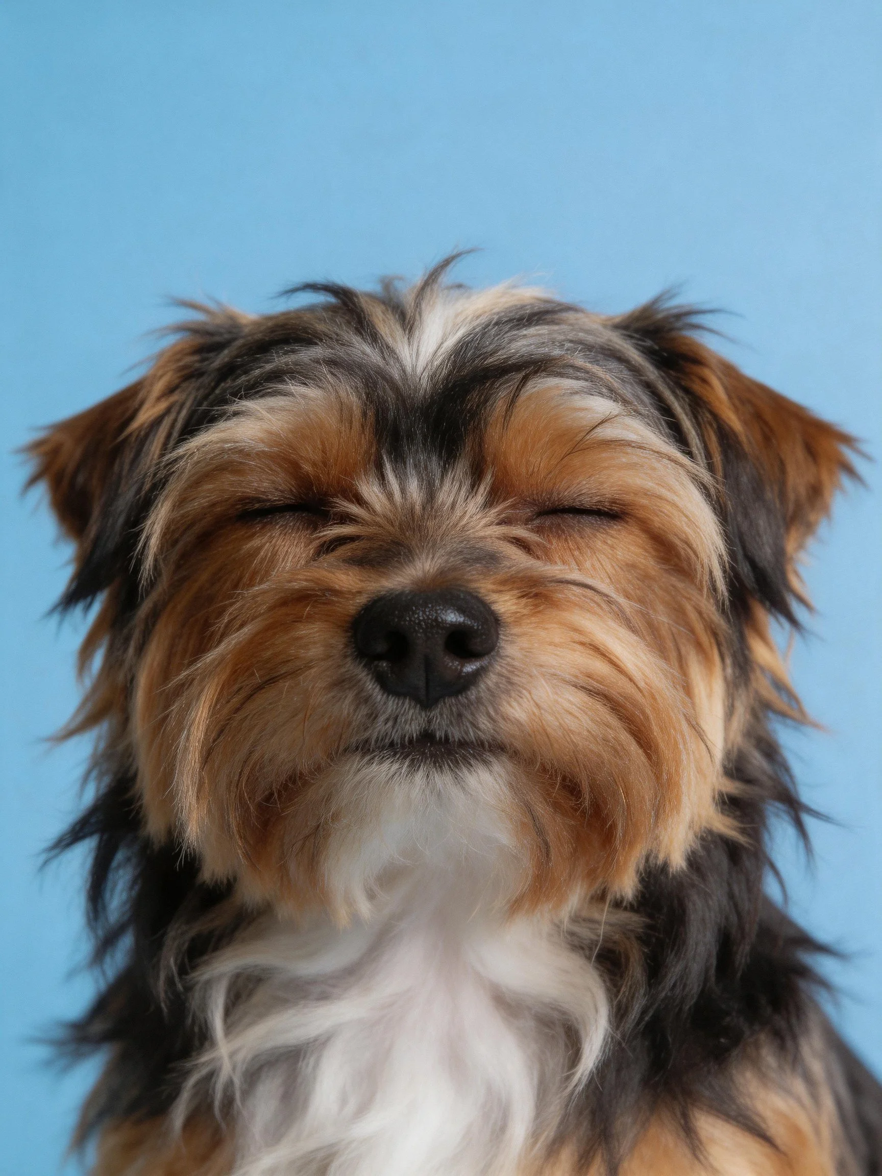 A small multicolored dog closes its eyes against a solid blue backdrop