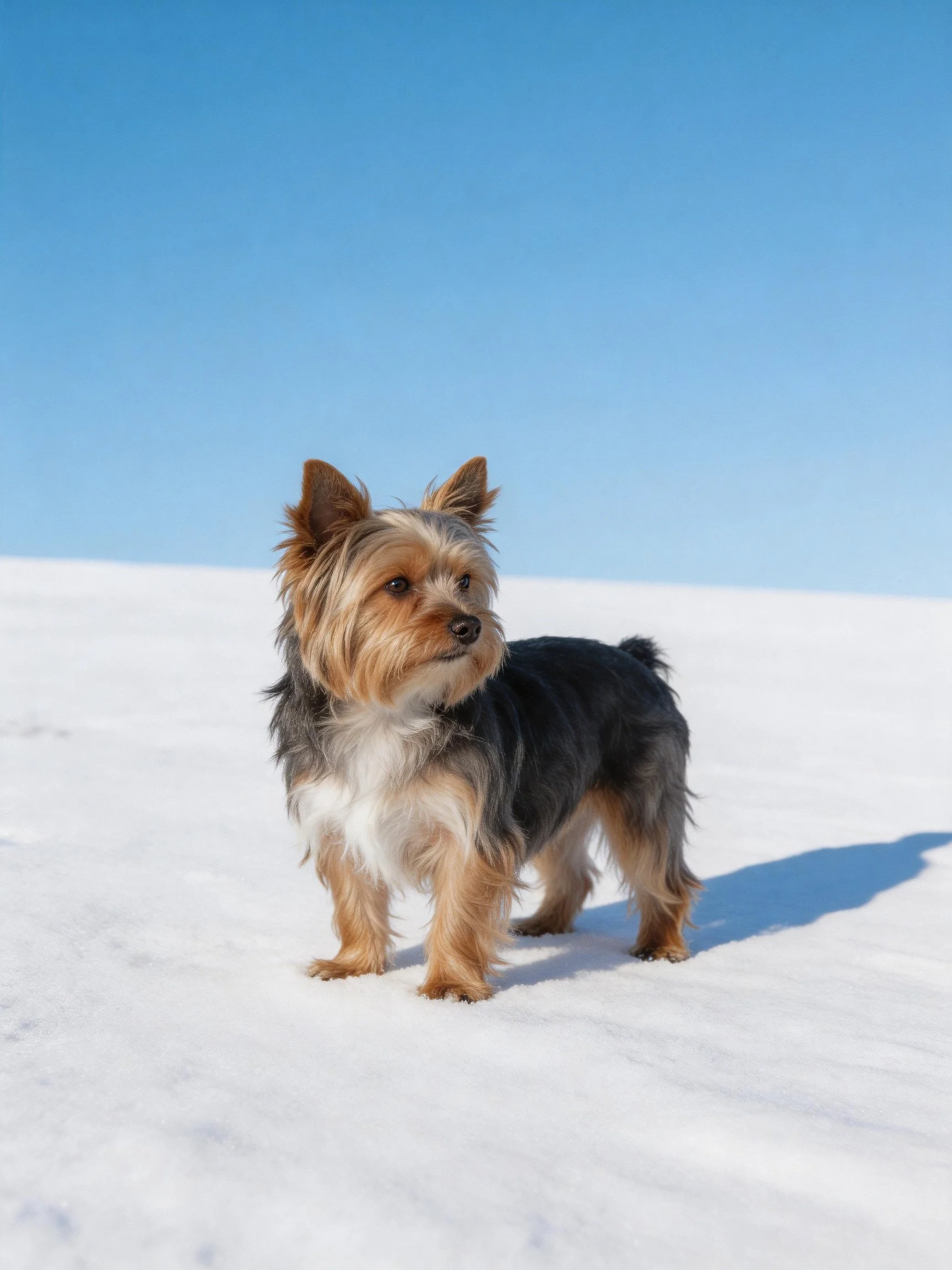 A small dog stands on snow beneath a clear blue sky.