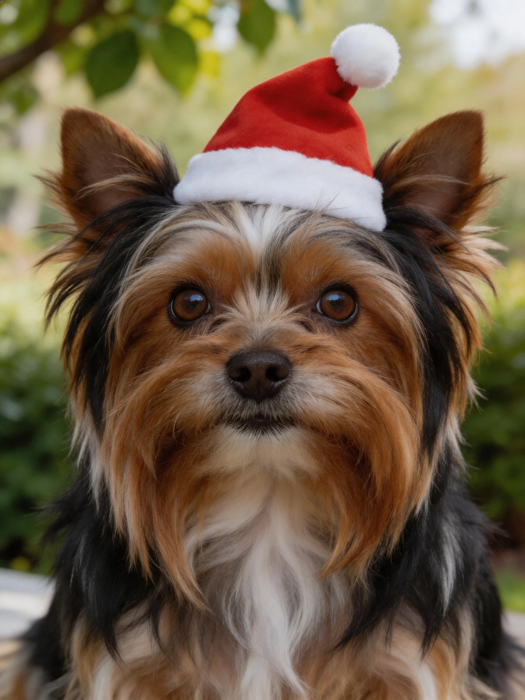 A small dog with colorful fur wears a red Santa hat outdoors.