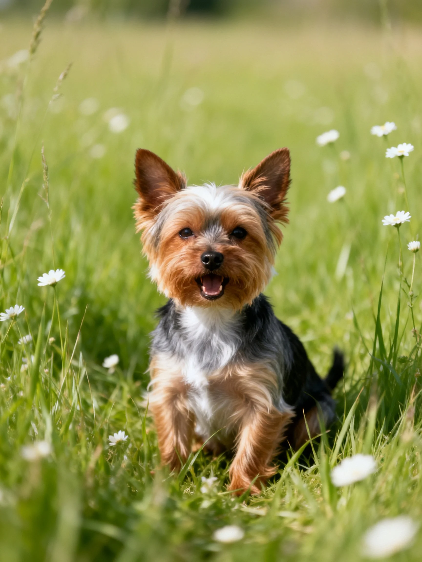 A small dog sits happily amid tall green grass and white wildflowers