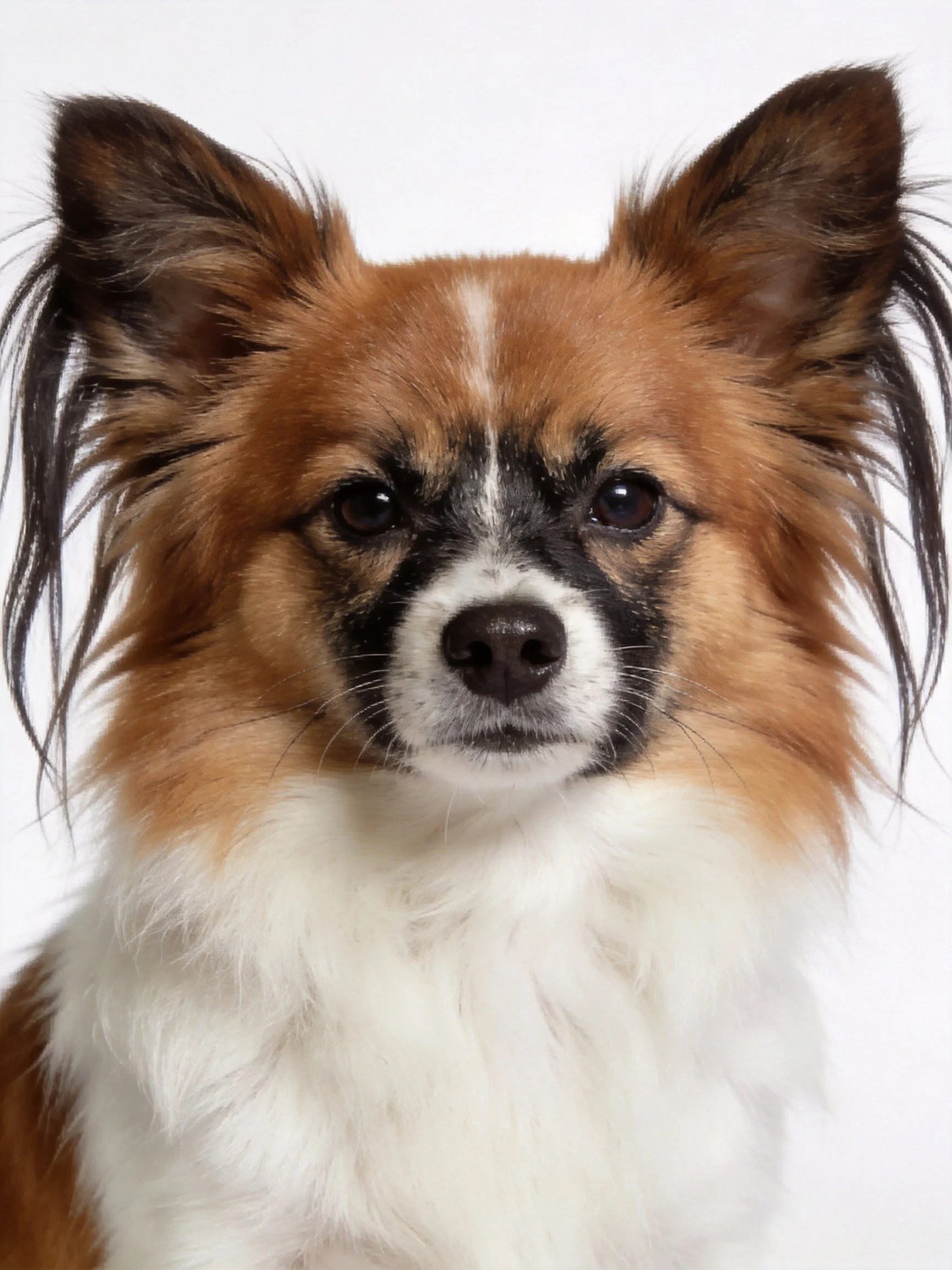 A small dog with brown, white, and black fur poses against a plain white backdrop.