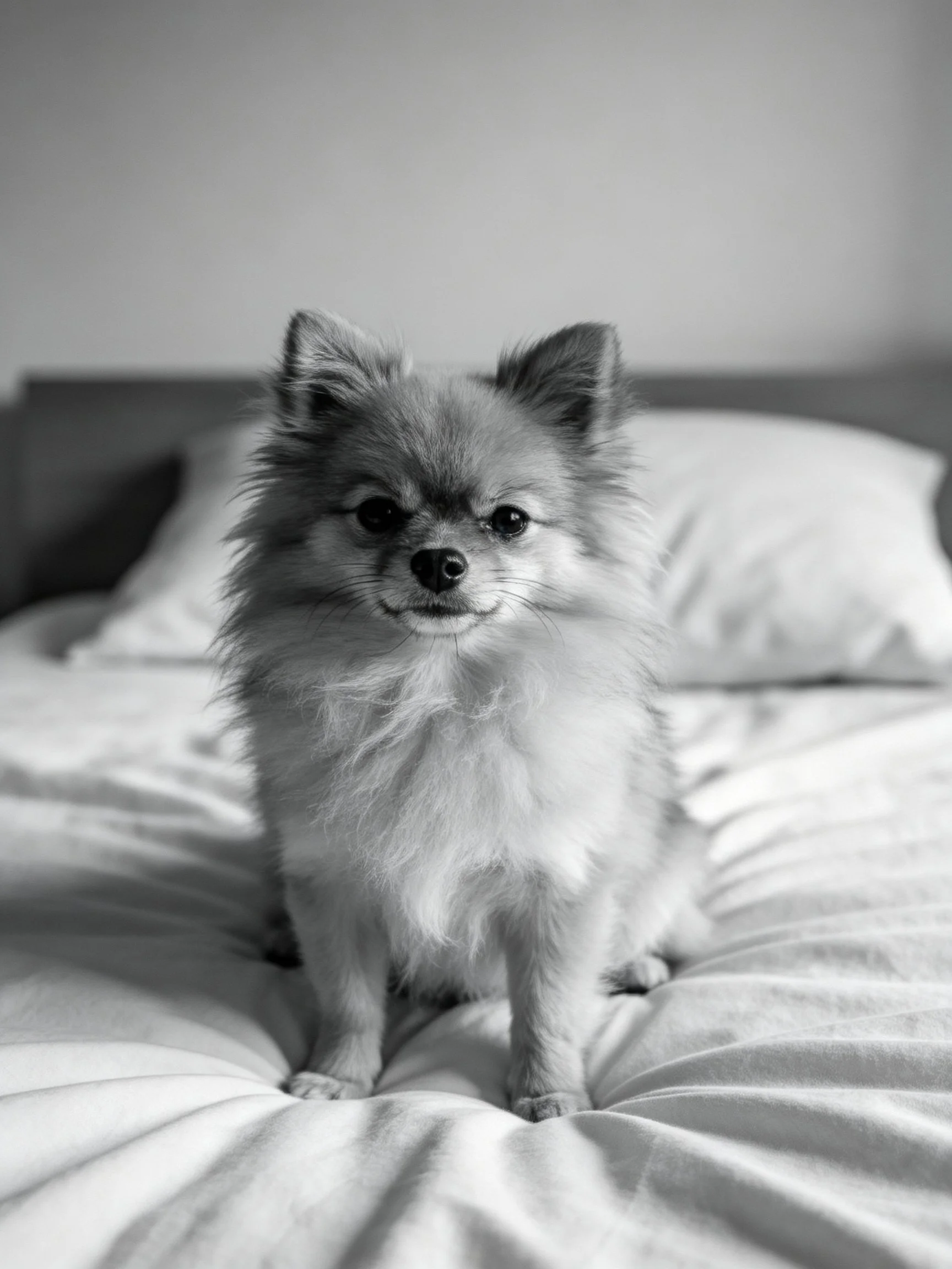 A small dog sits on a bed with pillows