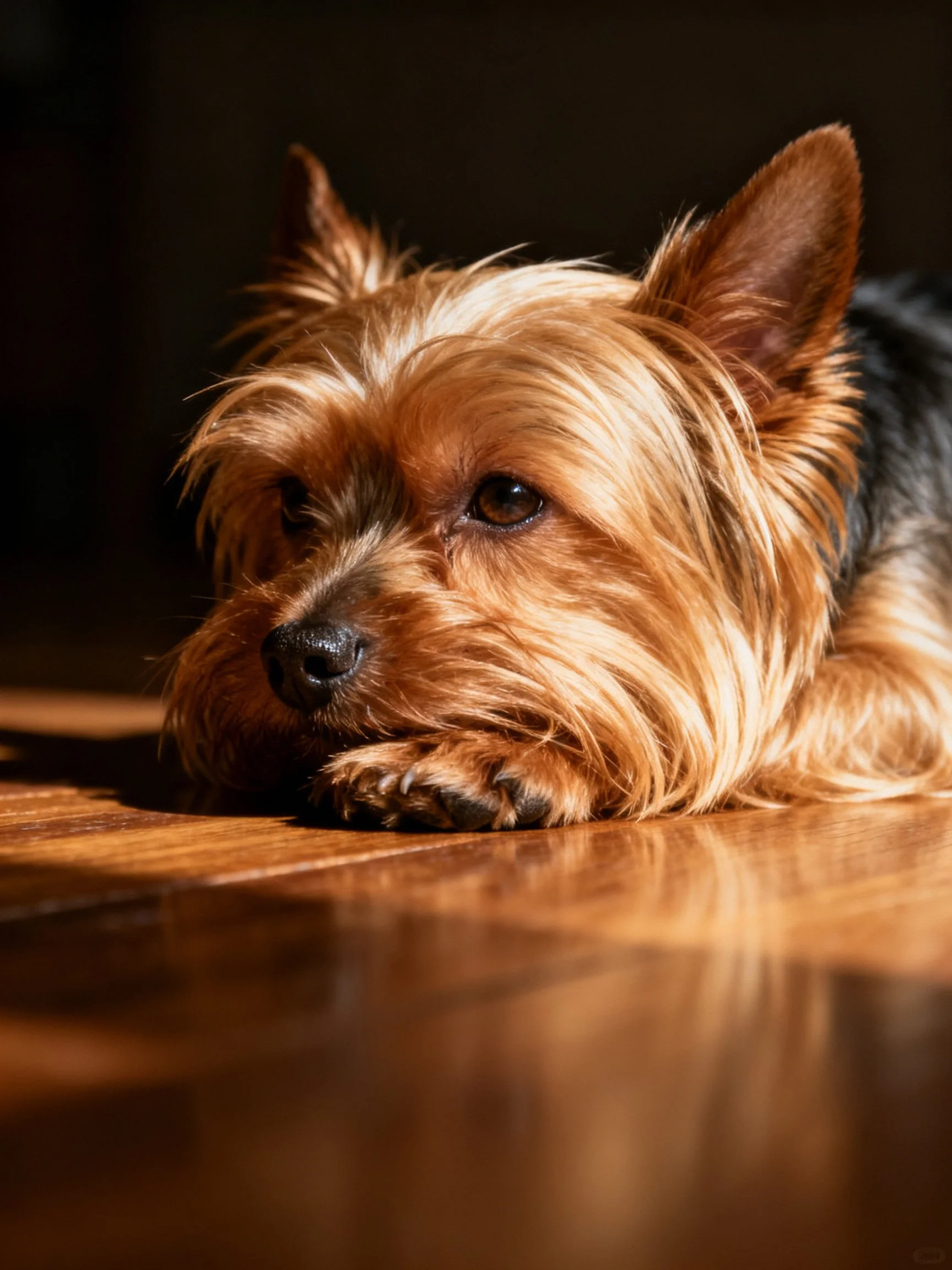 A small dog with golden-brown fur rests on a polished wooden floor under warm lighting.