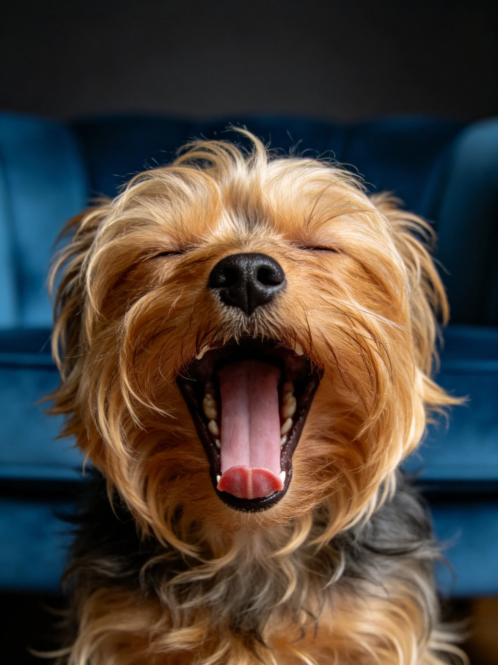 A small dog with golden-brown fur yawns widely beside a blue couch.