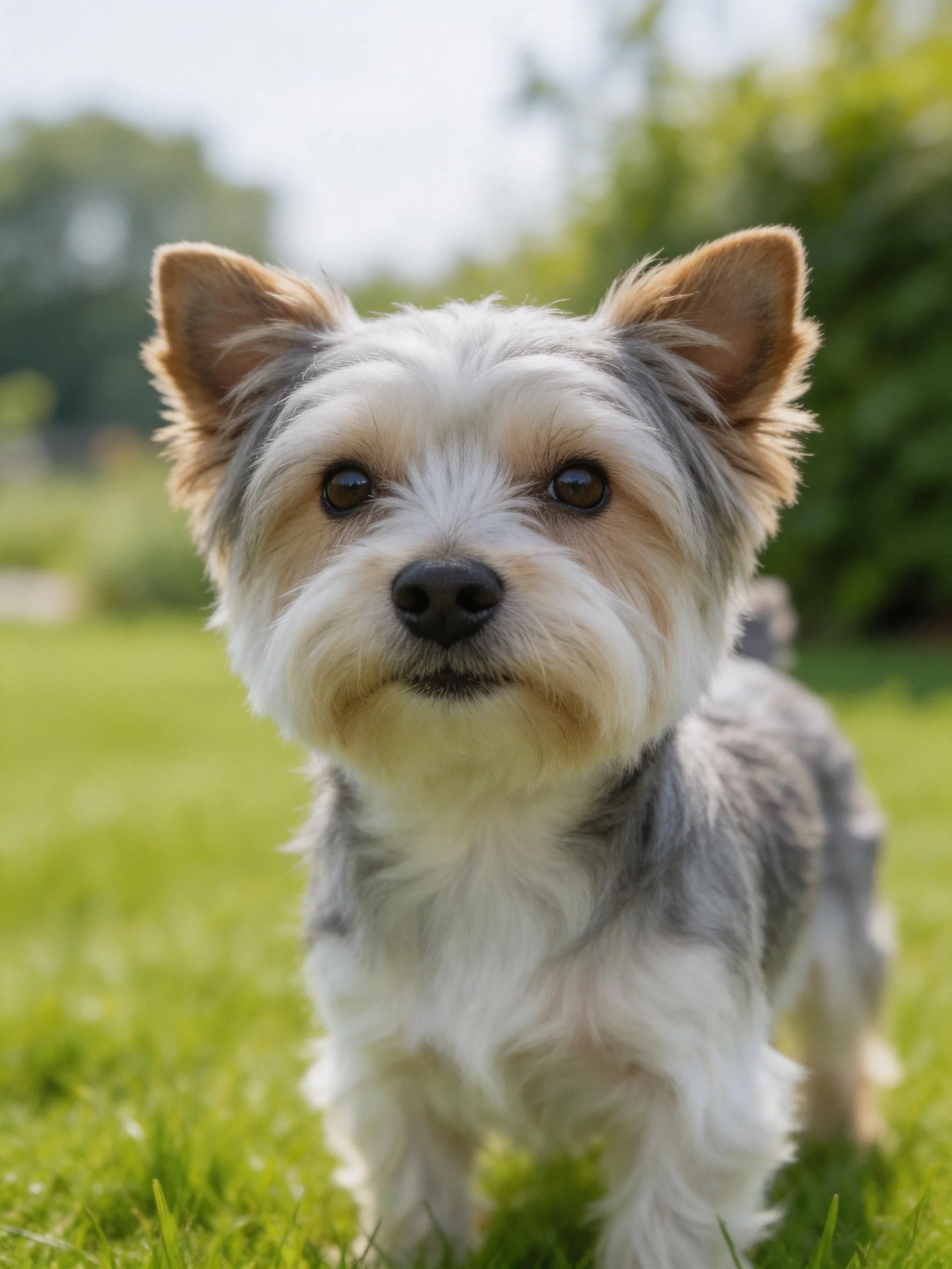 A small dog with mixed fur colors stands on grass in a sunny outdoor space.