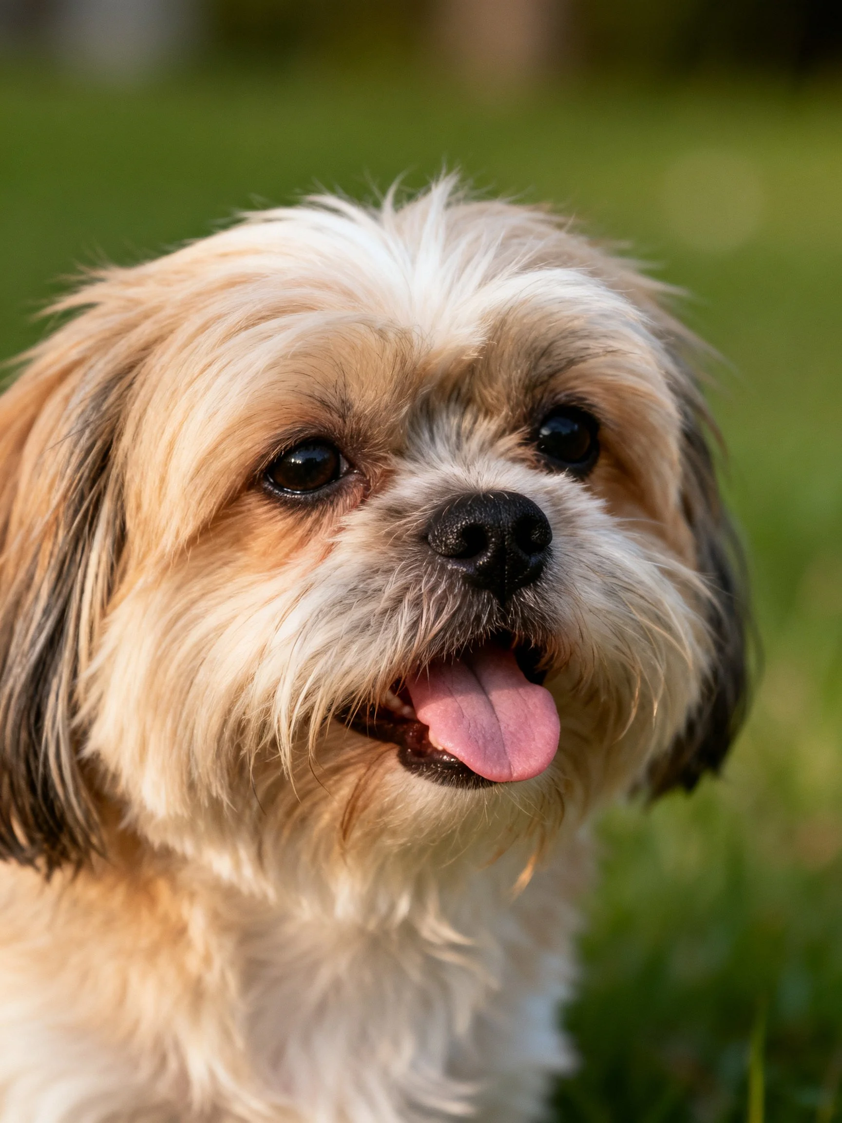 A small dog with light brown and white fur pants contentedly outdoors.