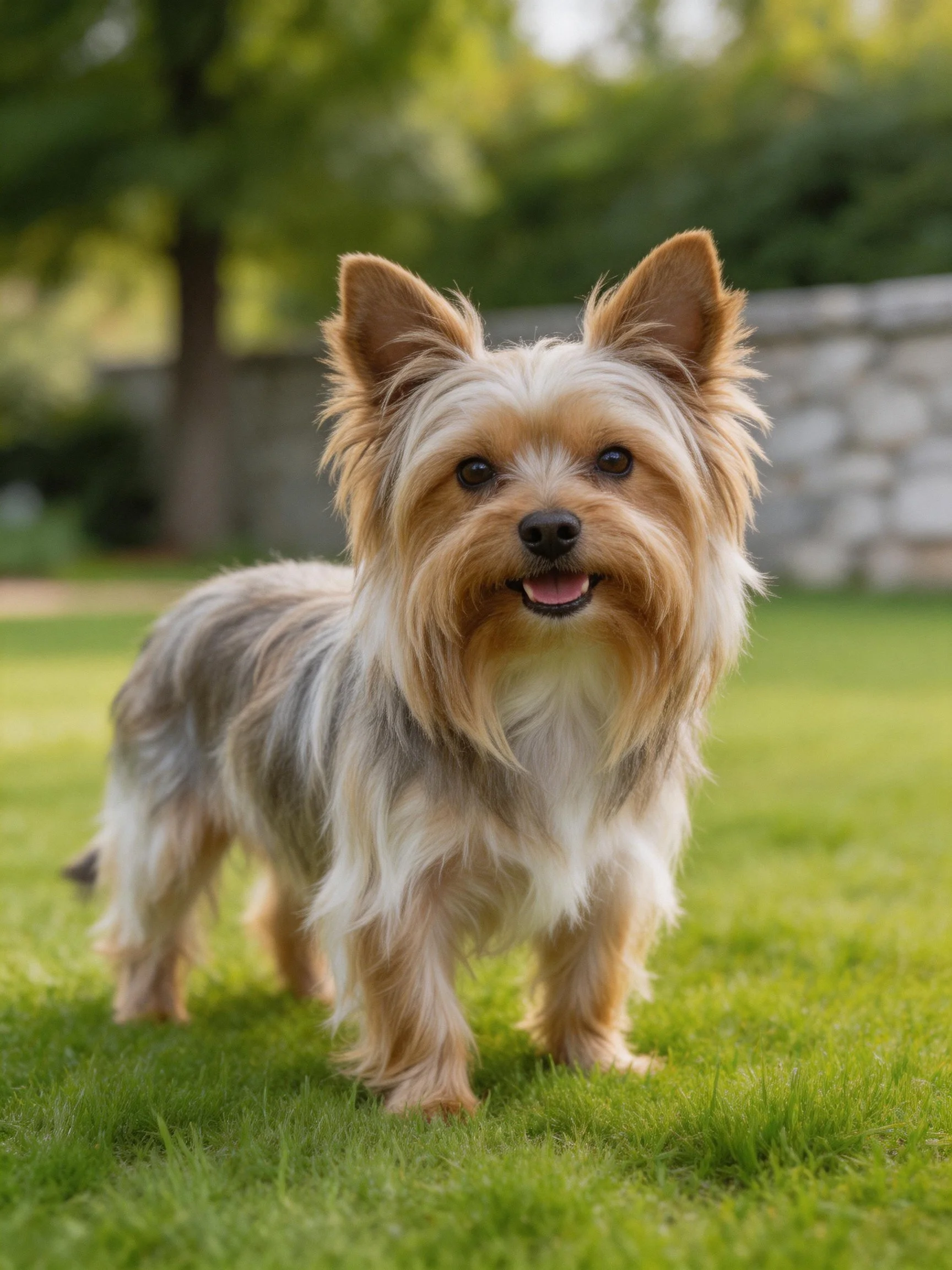 A small dog with long fur stands on a green lawn in a sunlit outdoor setting
