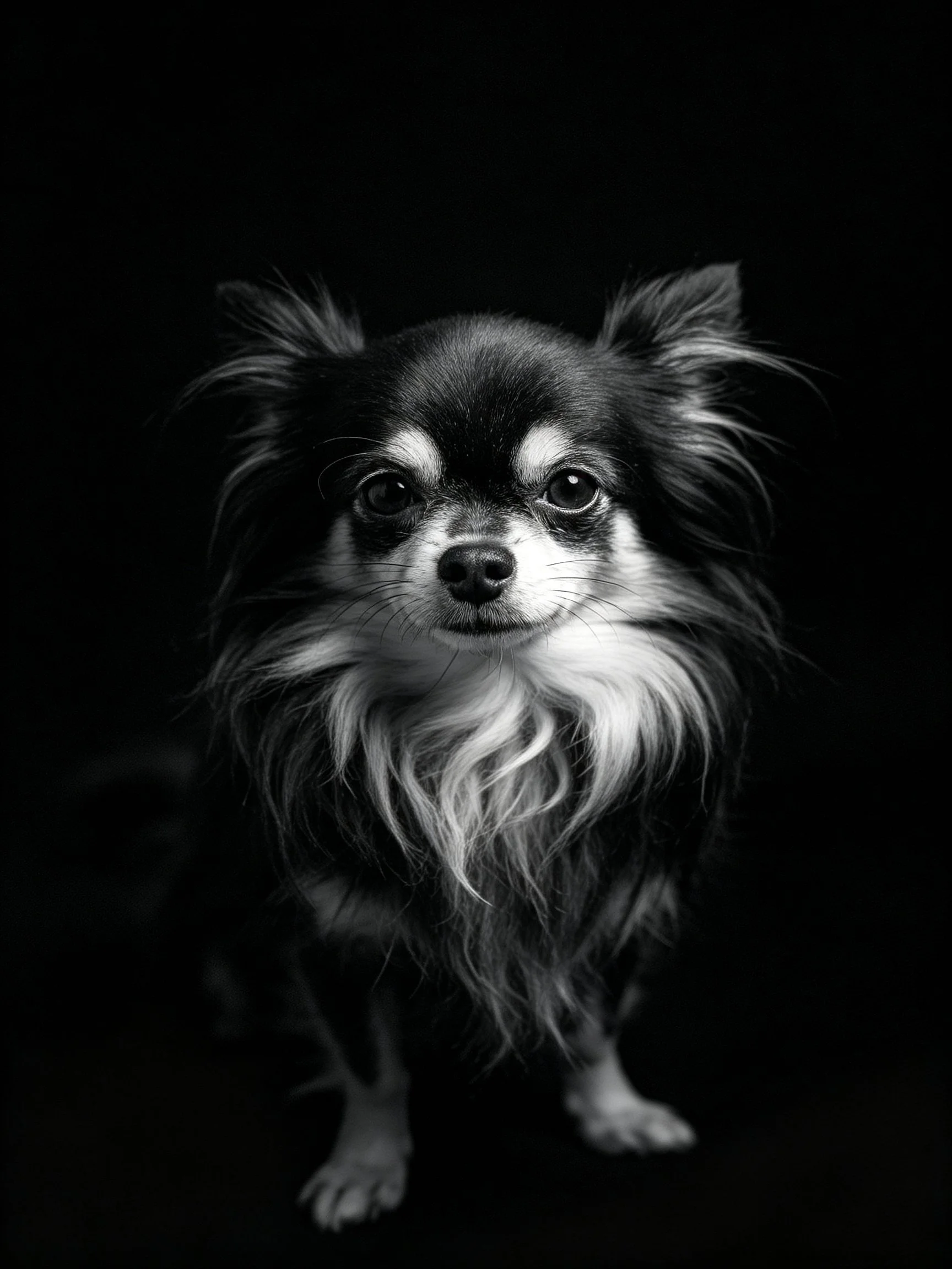 A small dog with long, shaggy fur in a high-contrast black and white setting