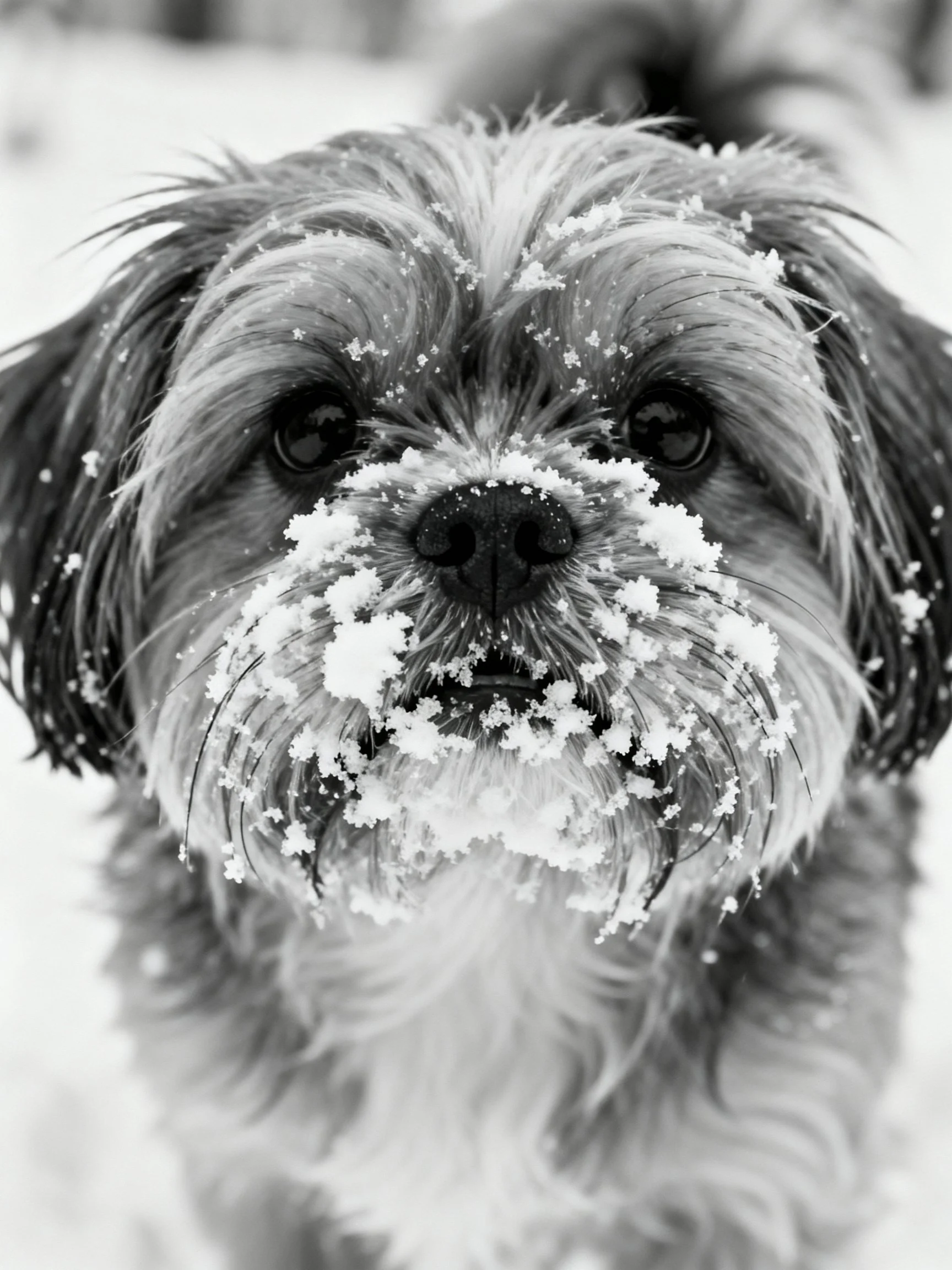 A small dog has snow on its face while standing outside in winter.