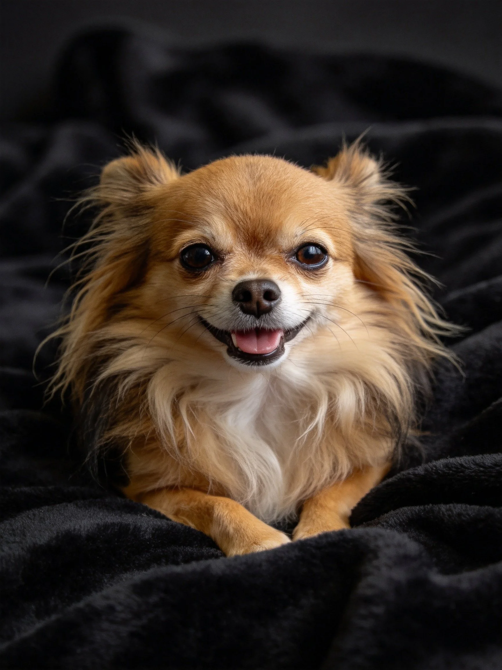 A small dog rests happily on a dark blanket with long fur.