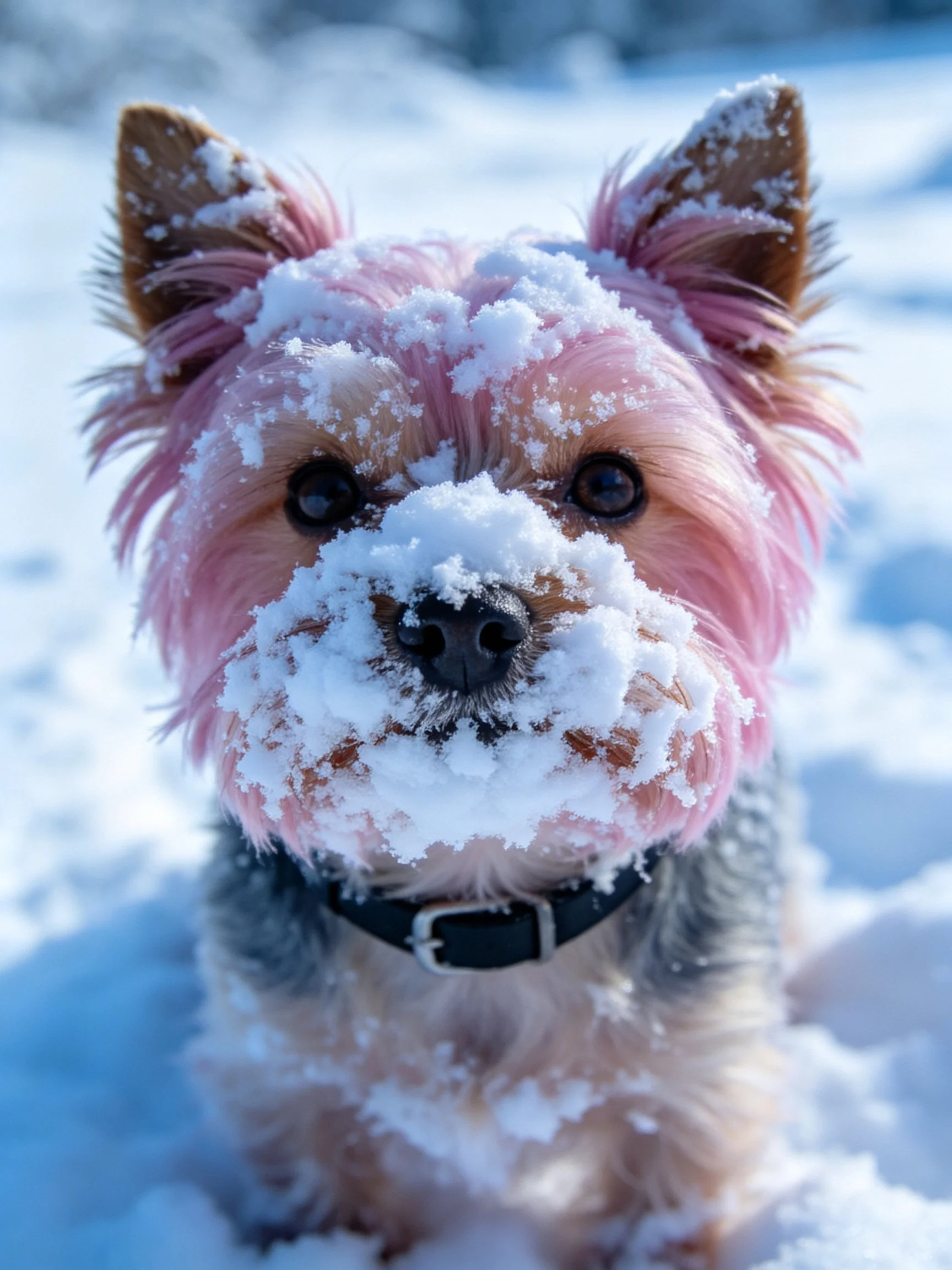 A small dog with snow on its face sits in a snowy outdoor area.