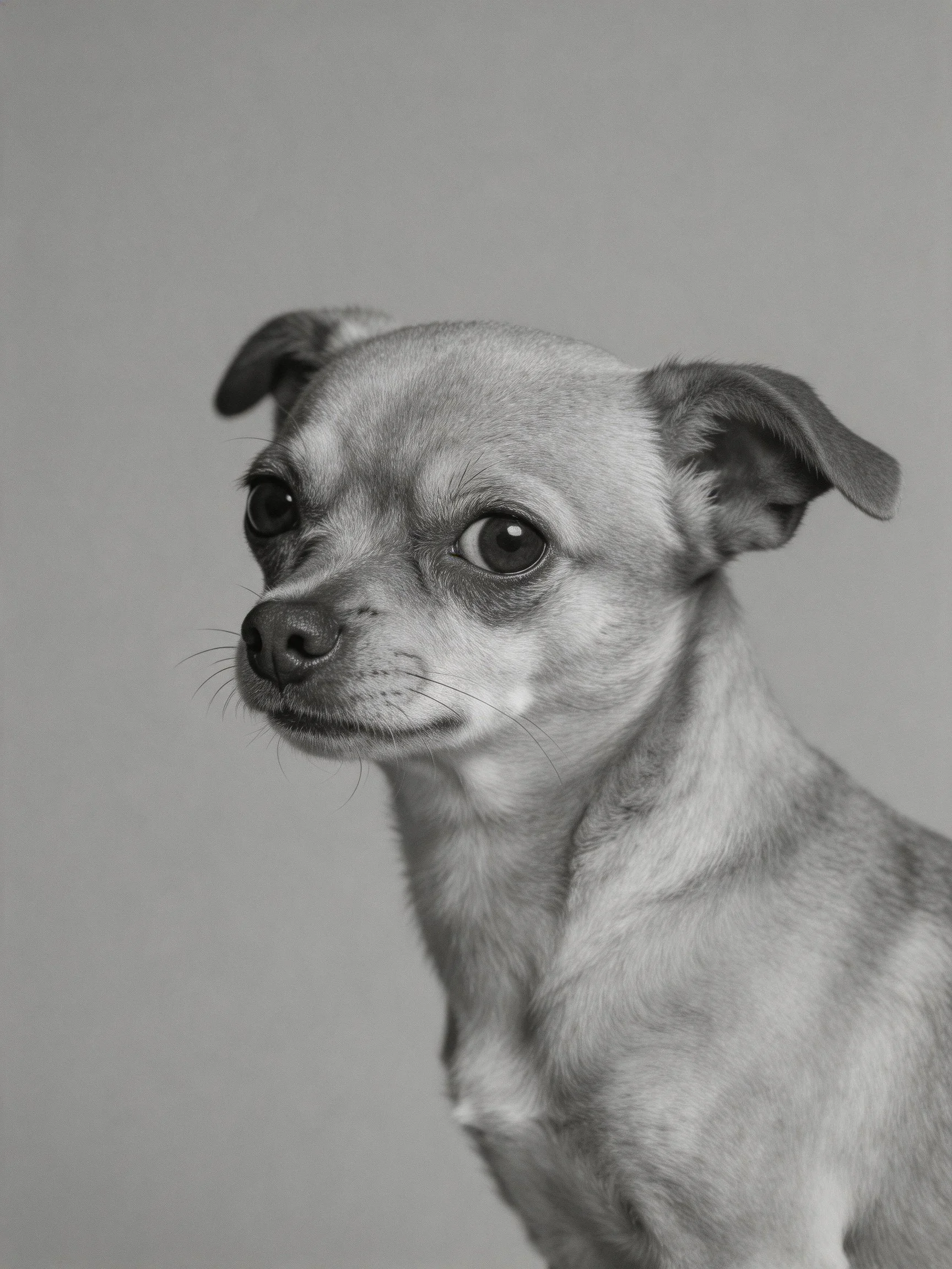A small dog with prominent ears in grayscale photography