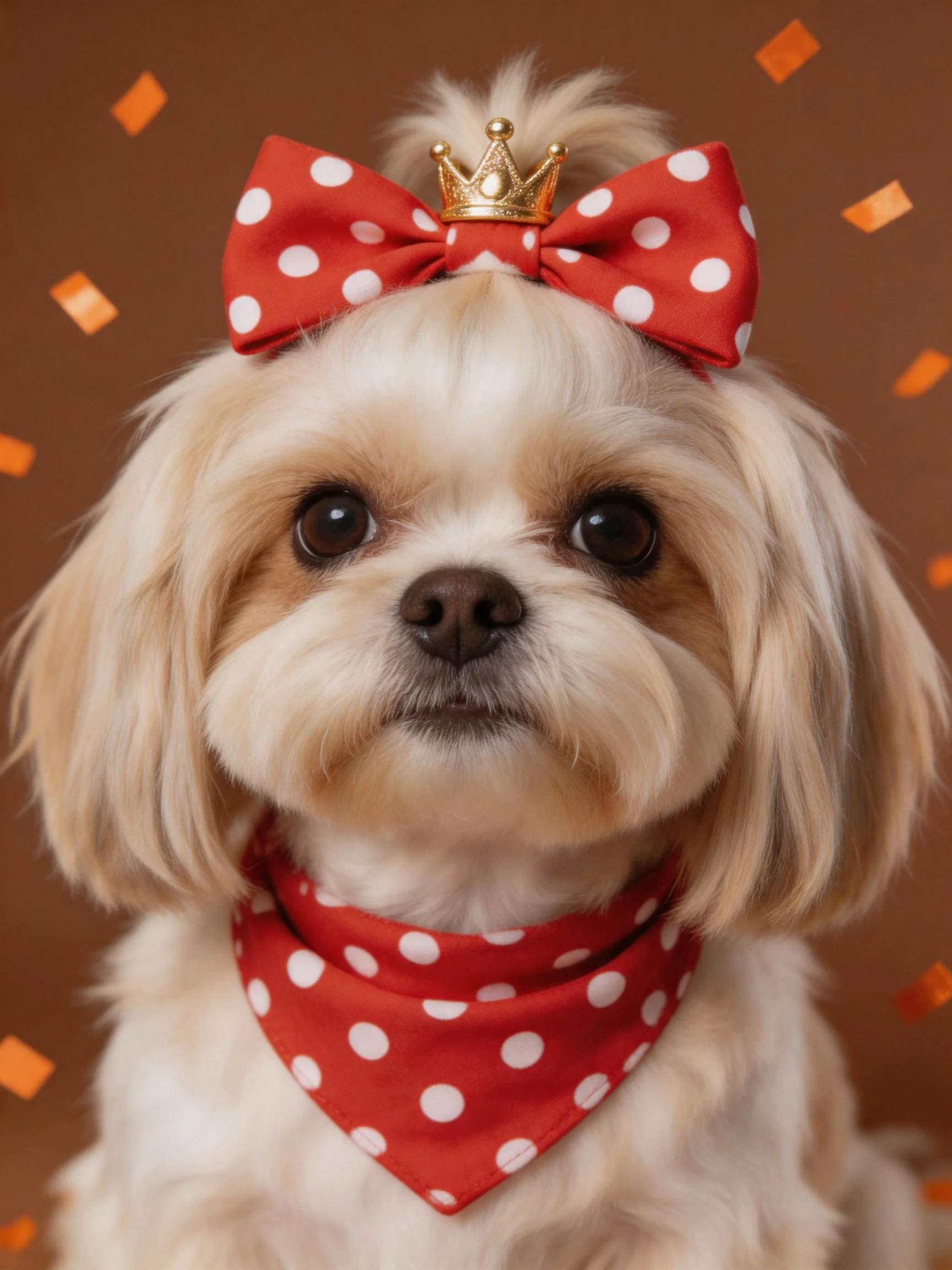 A small dog posed in matching red polka dot accessories and a tiny gold crown against a brown backdrop.
