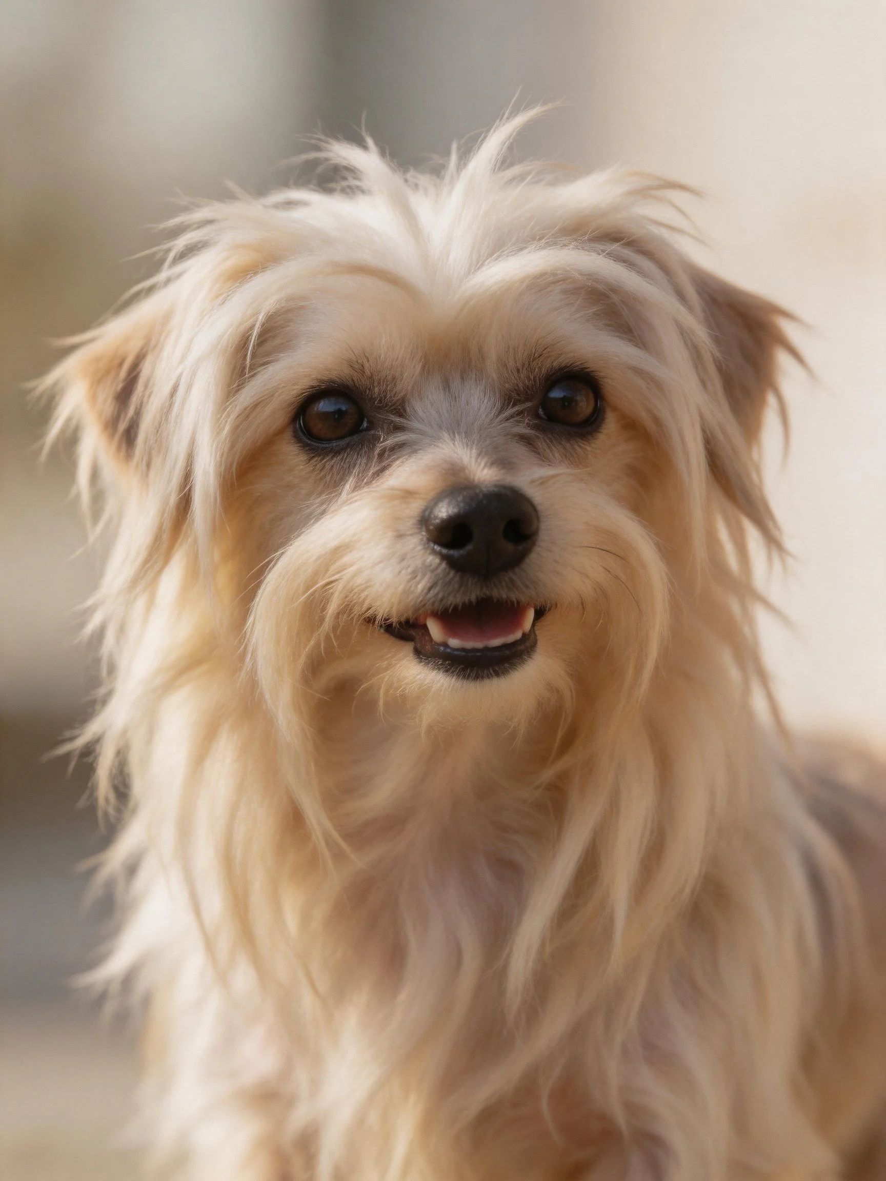 A cheerful small dog with shaggy fur stands out against a blurred backdrop.