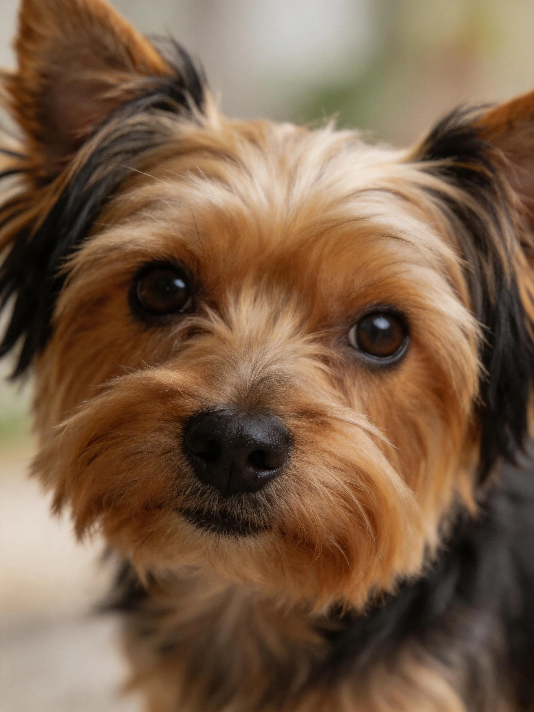A small dog with tan and black fur looks directly at the camera.