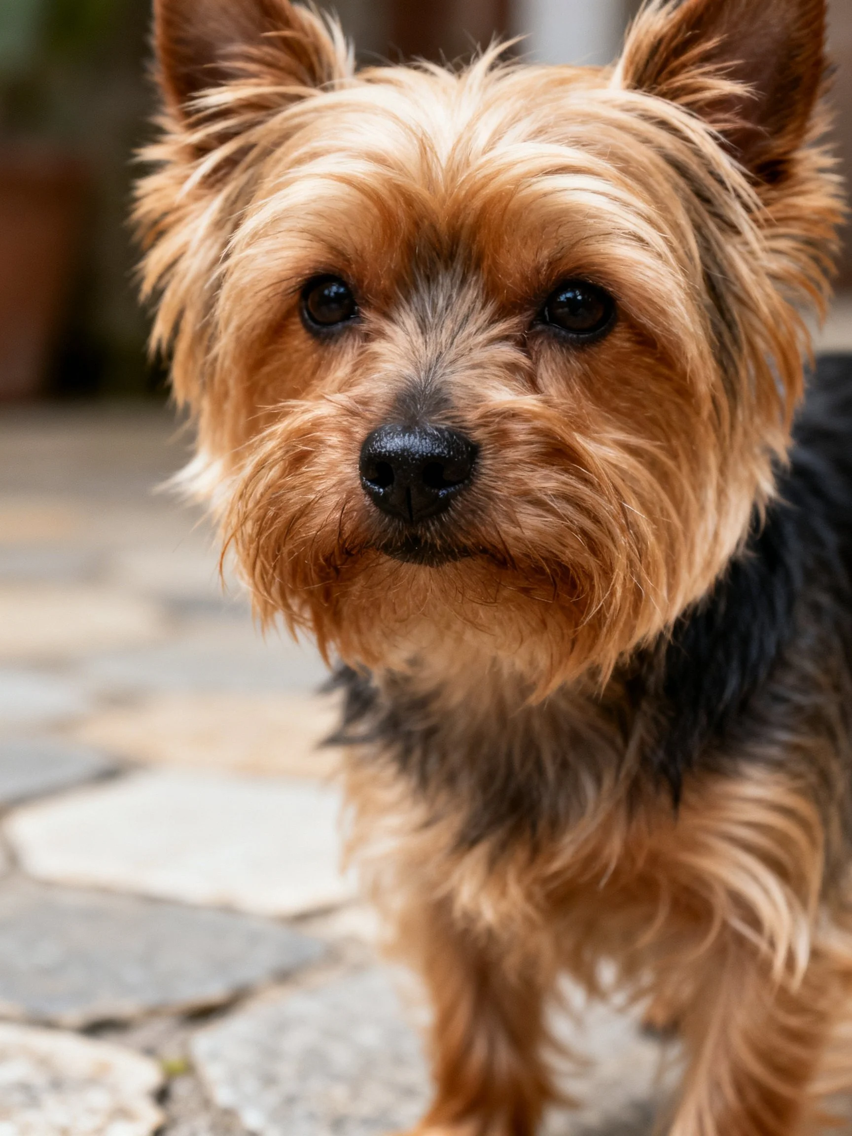 A small dog with tan and dark brown fur stands on stone pavement.