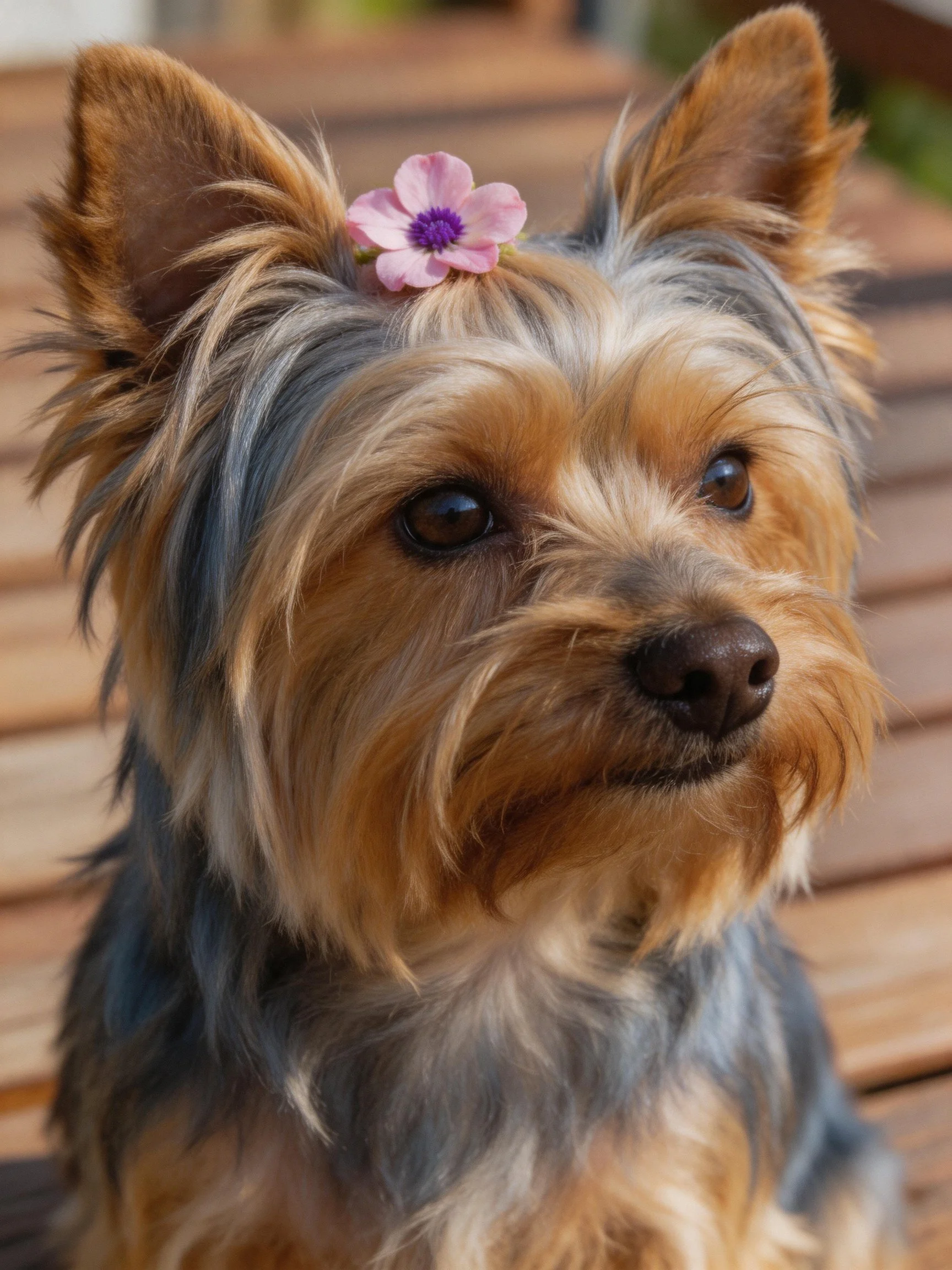 A small dog with tan and gray fur wears a pink flower