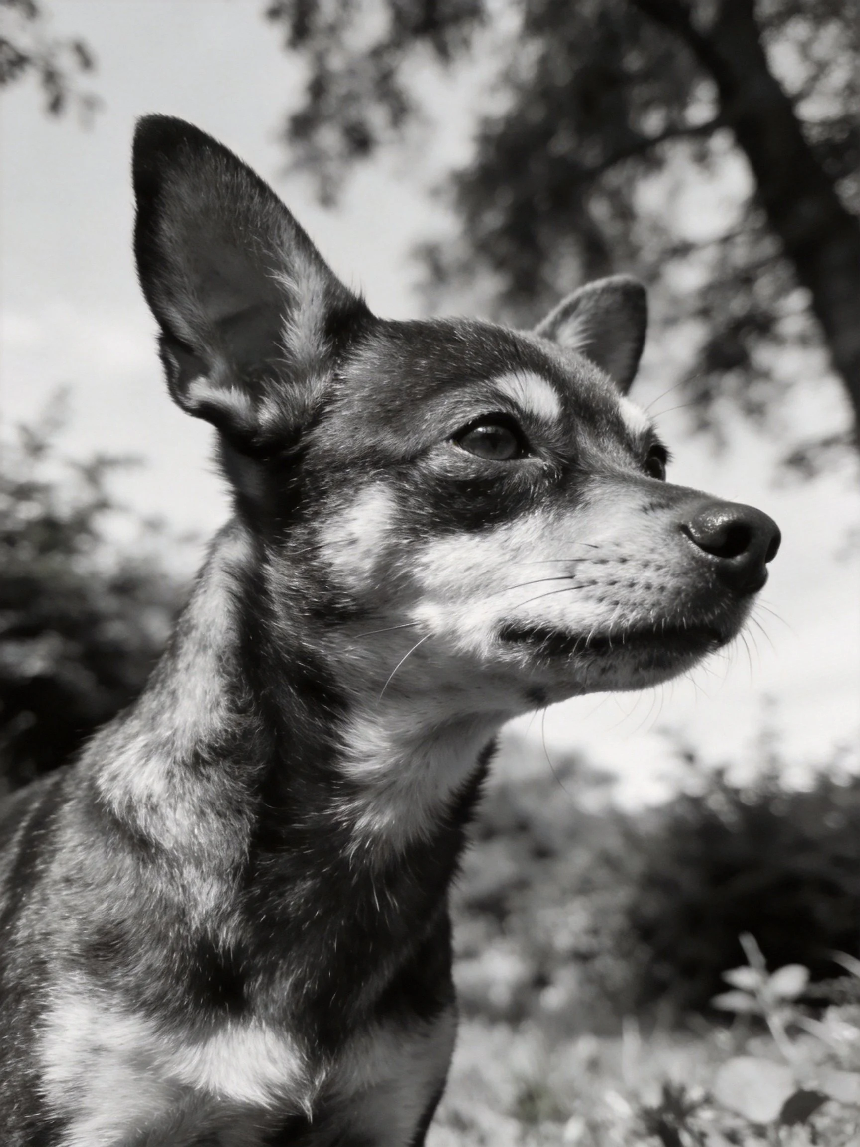A small dog with upright ears and spotted fur in a natural setting