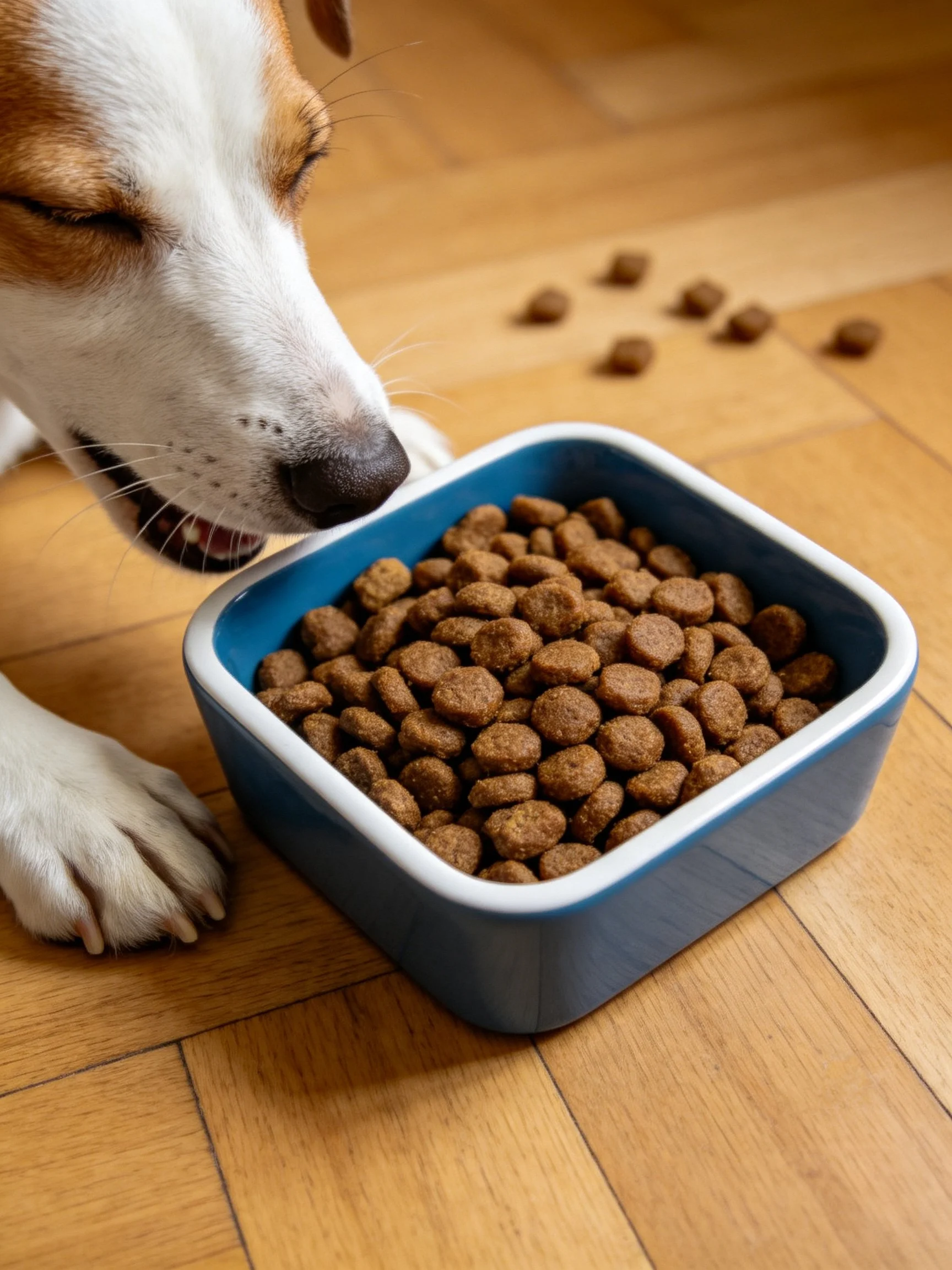 A dog with white and brown fur eats dry kibble from a blue bowl