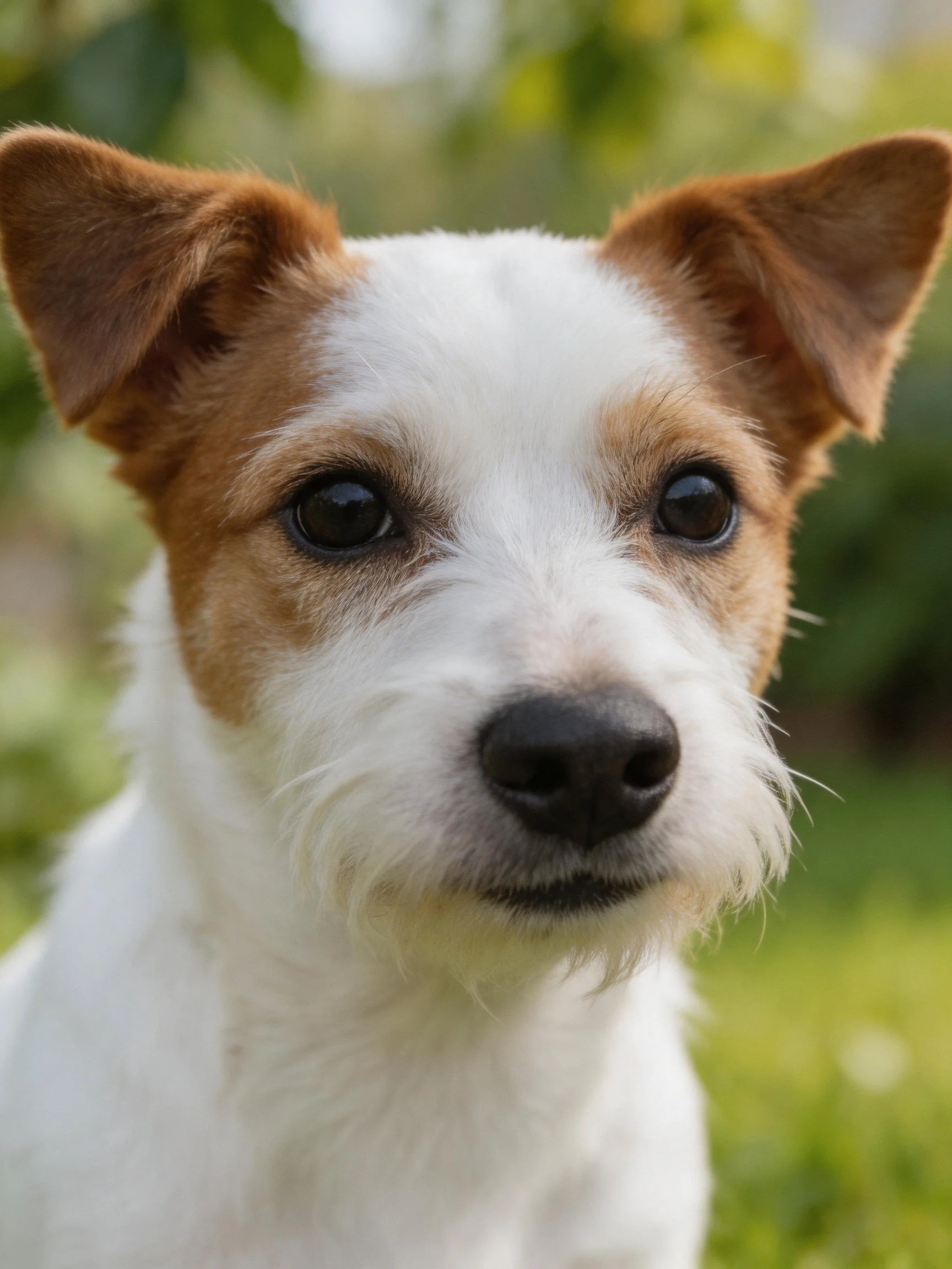 A small dog with white and brown fur stands in a lush green outdoor area.