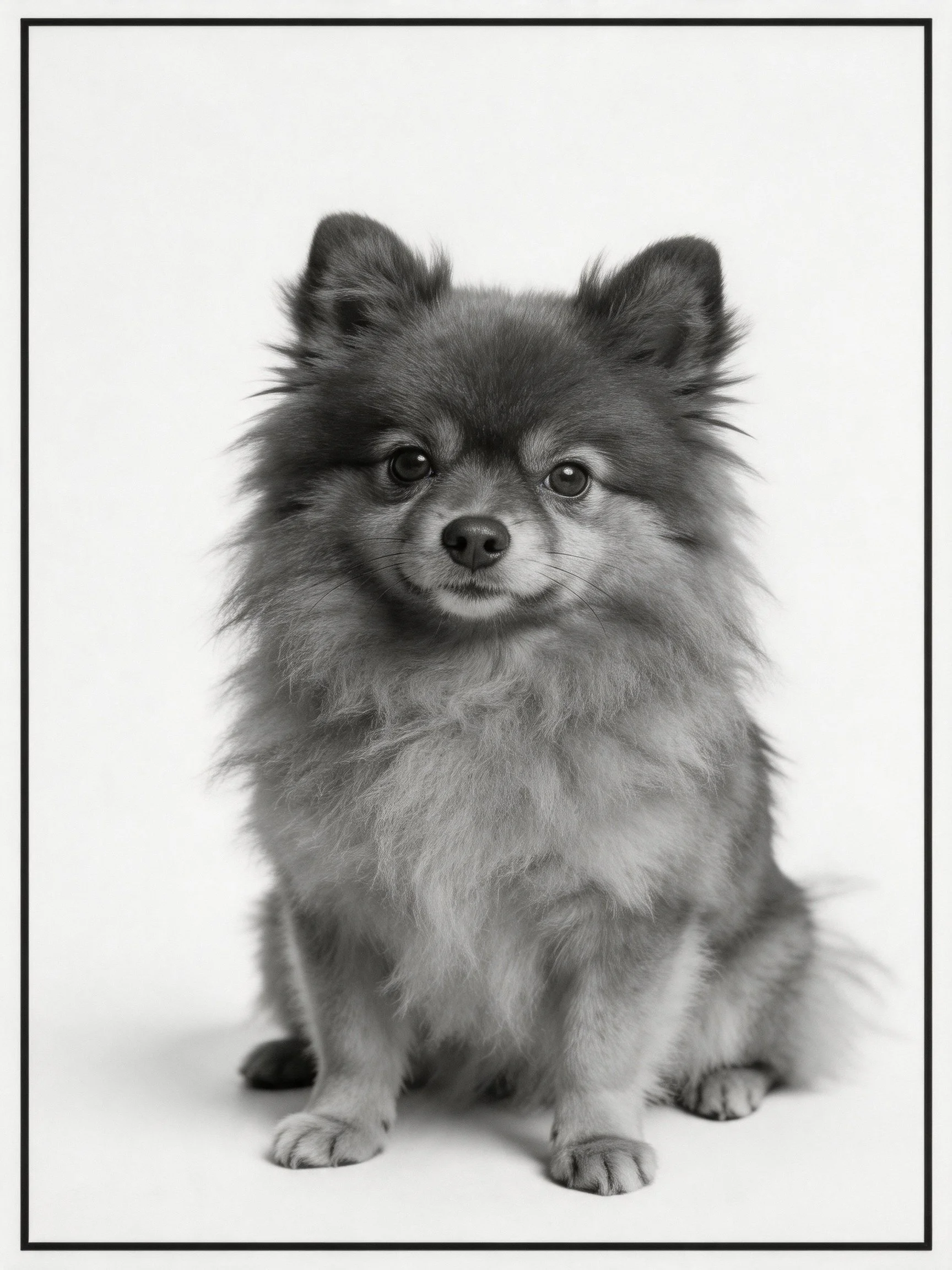 A small, fluffy dog in a monochrome studio portrait