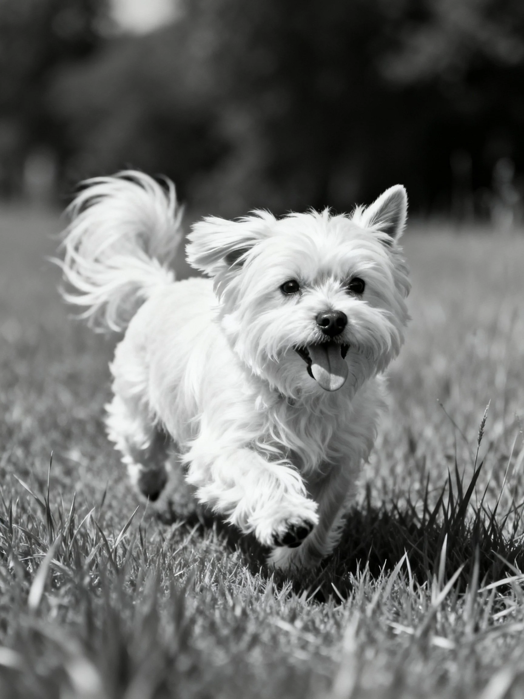 A small fluffy dog runs joyfully through grass in a black and white photograph.