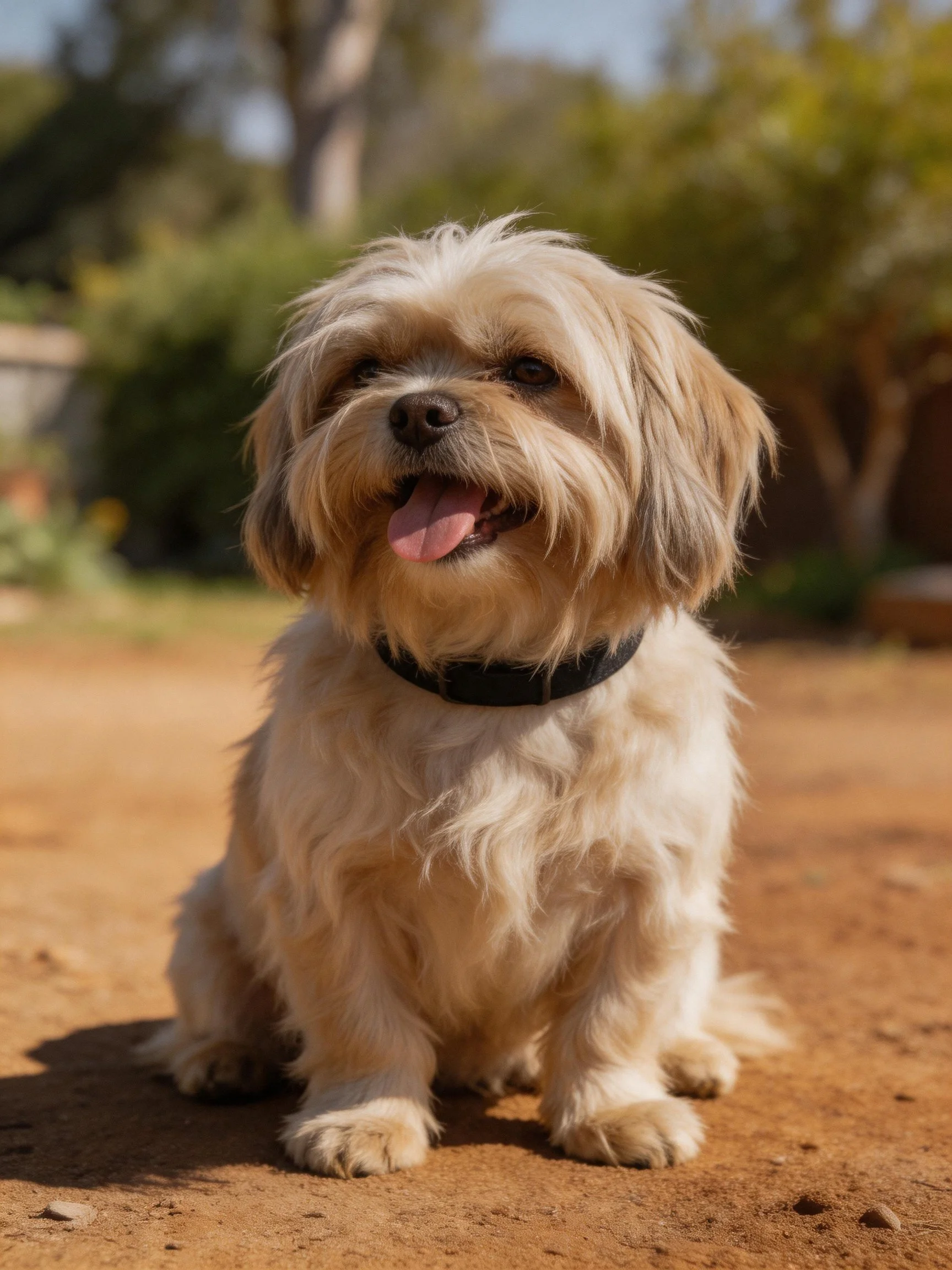 A small fluffy dog sits happily on a dirt path in nature.