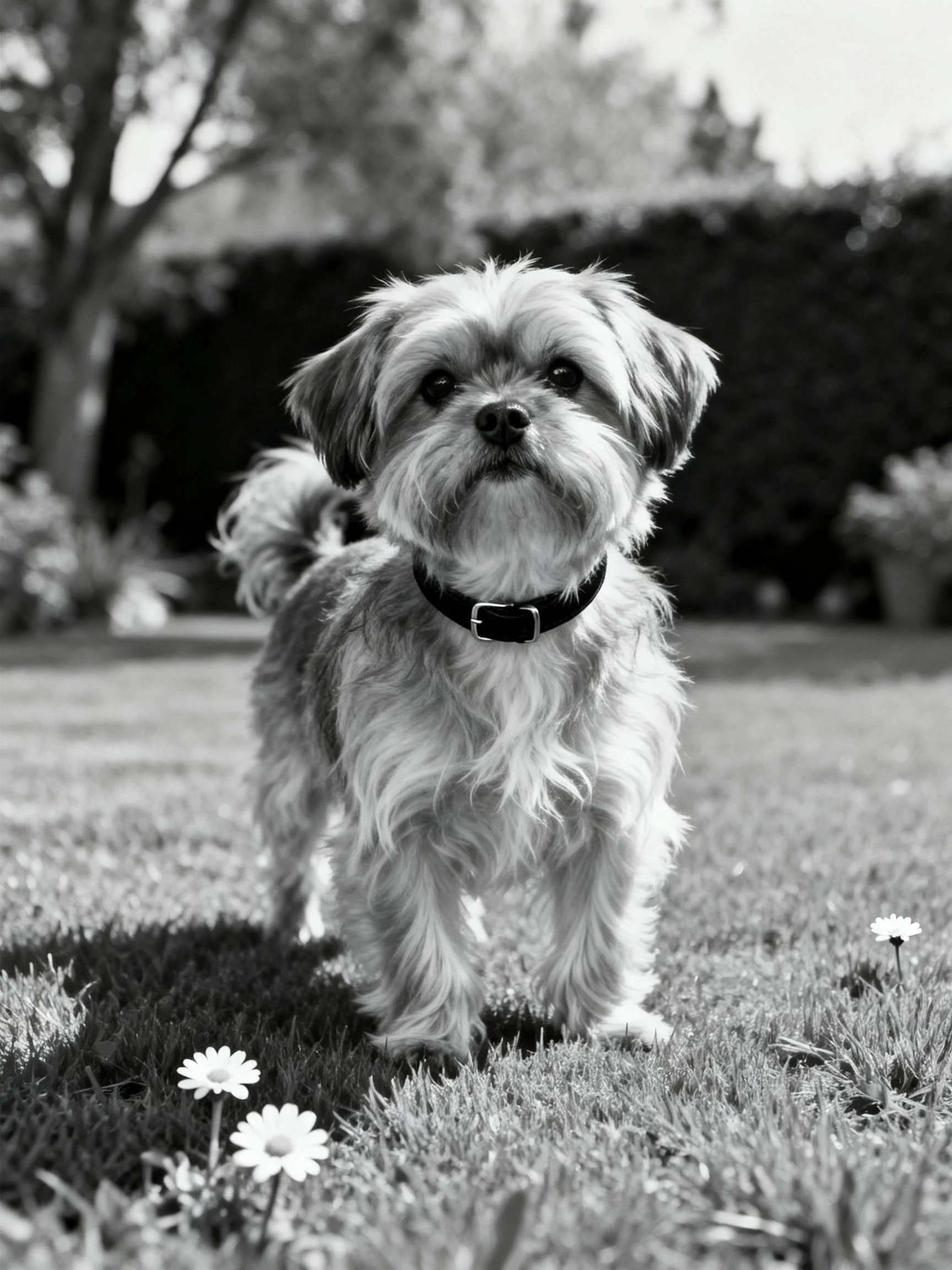 A small dog stands on grass amid flowers in an outdoor garden.