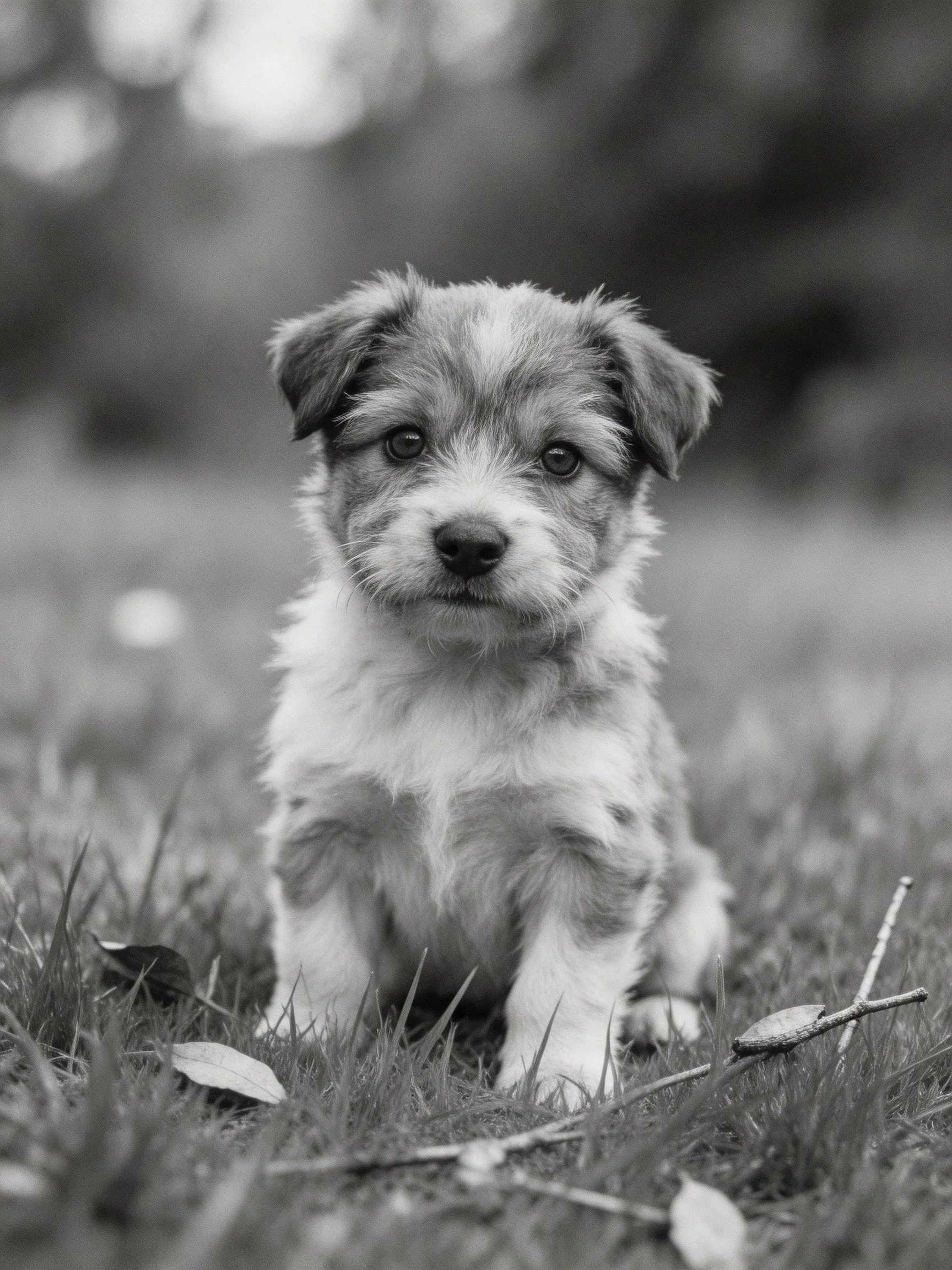A puppy sits on grass in a black and white photograph.