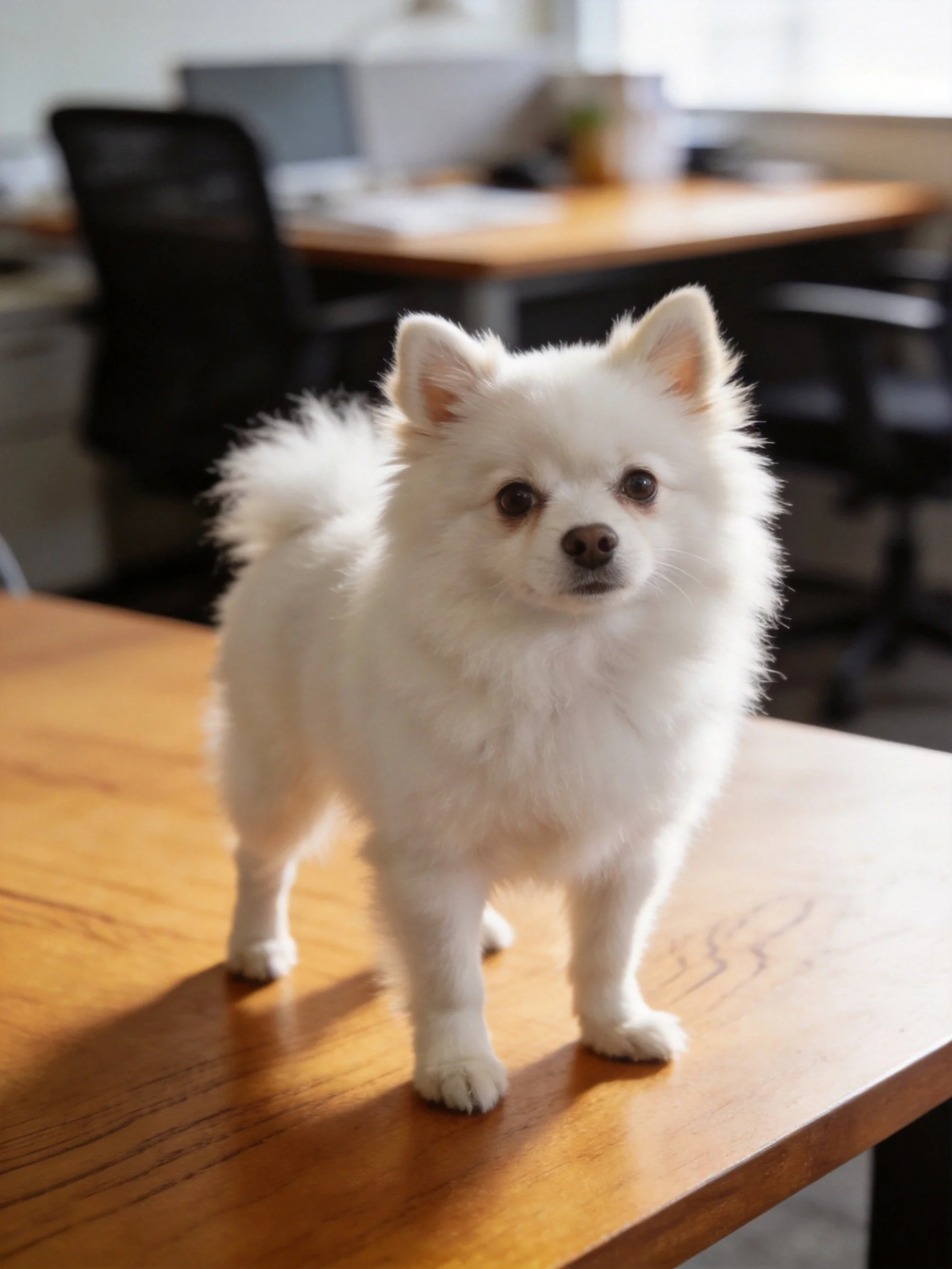 A small fluffy white dog on a polished wooden desk in an office