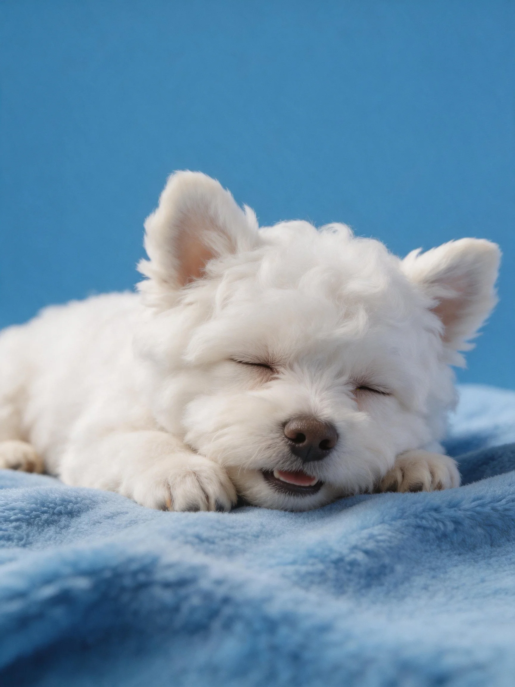A small white puppy rests peacefully on a blue blanket.
