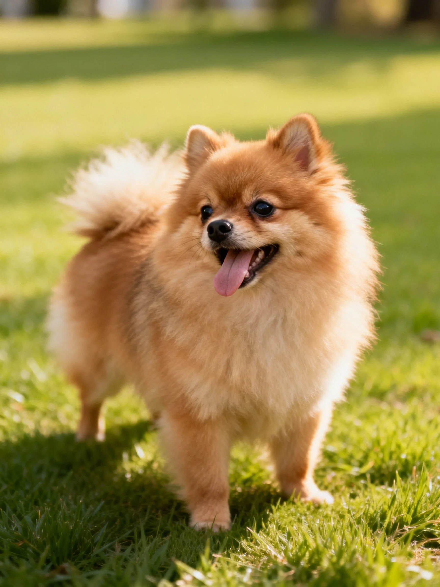 A small golden-brown Pomeranian enjoys time outdoors on green grass.