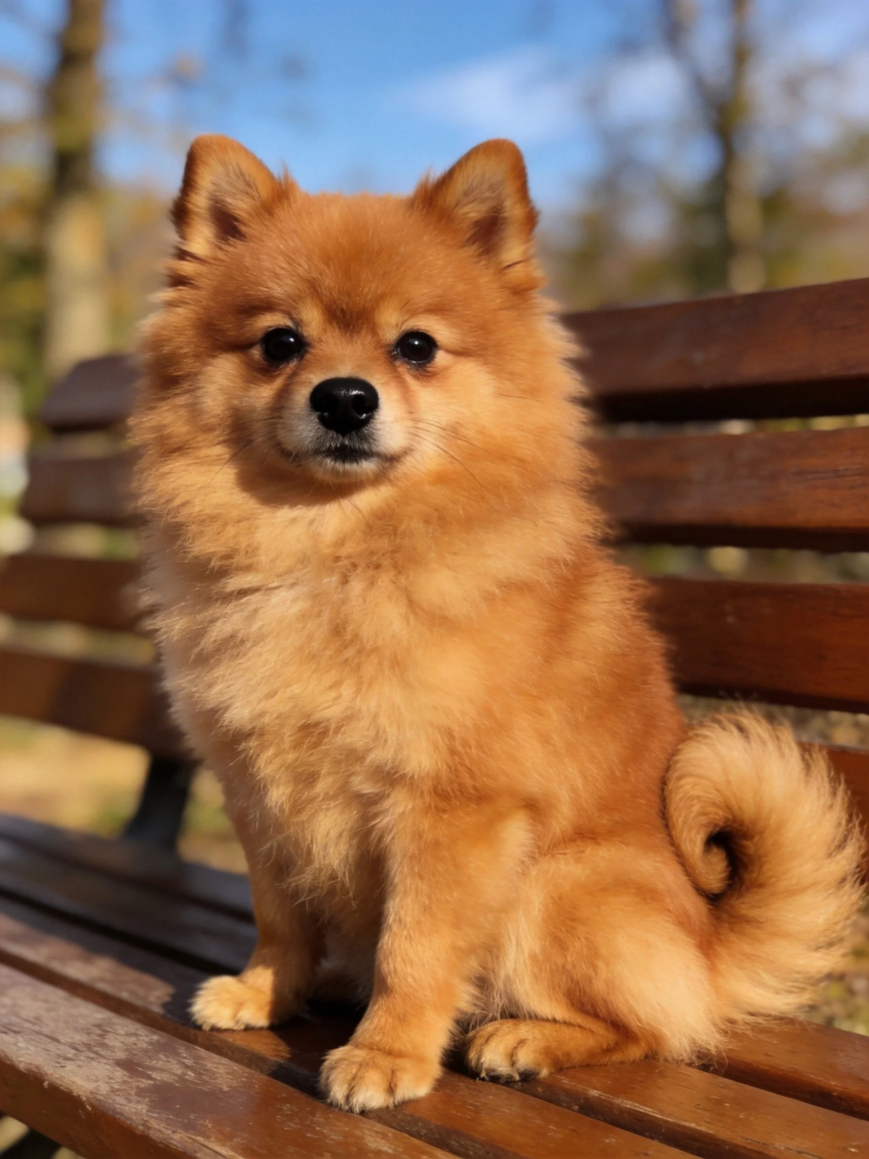 A small golden-brown dog sits calmly on a wooden bench in a sunny park.