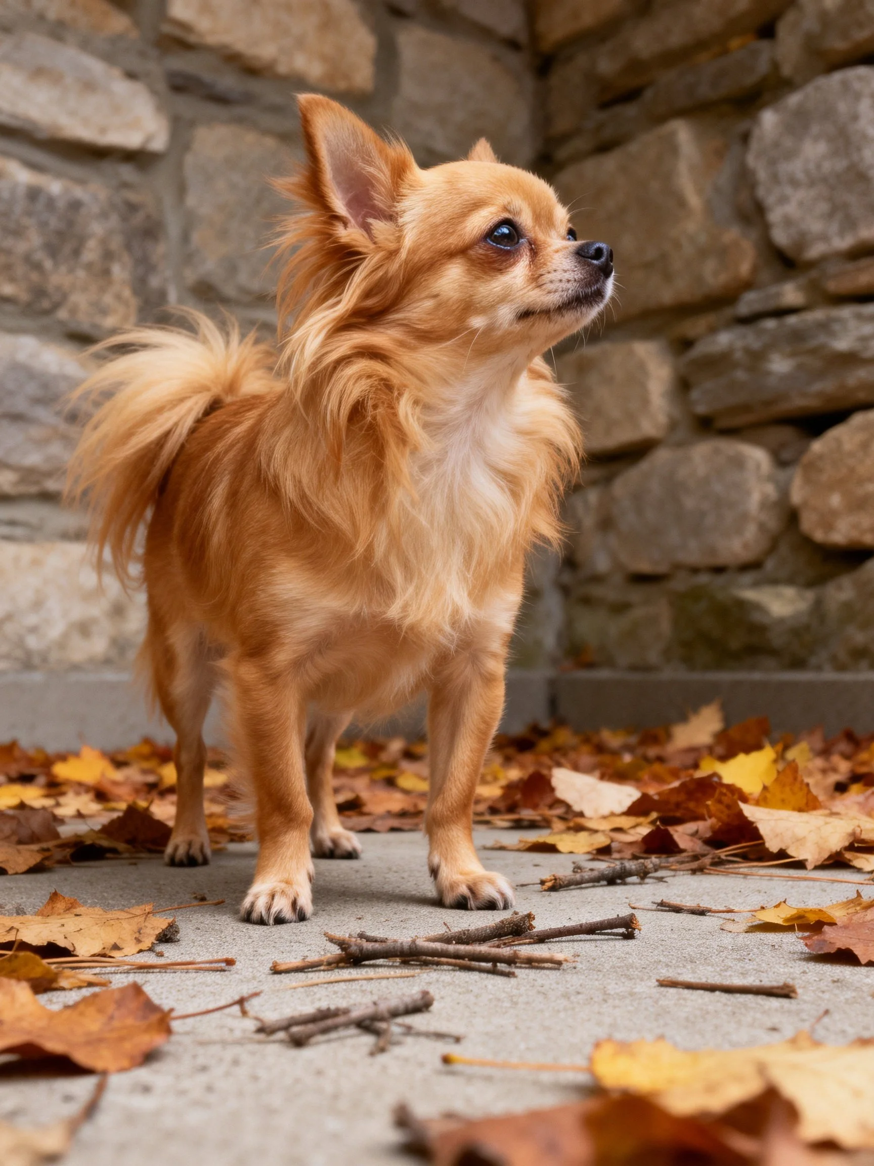 A small golden dog stands near a stone wall with autumn leaves.