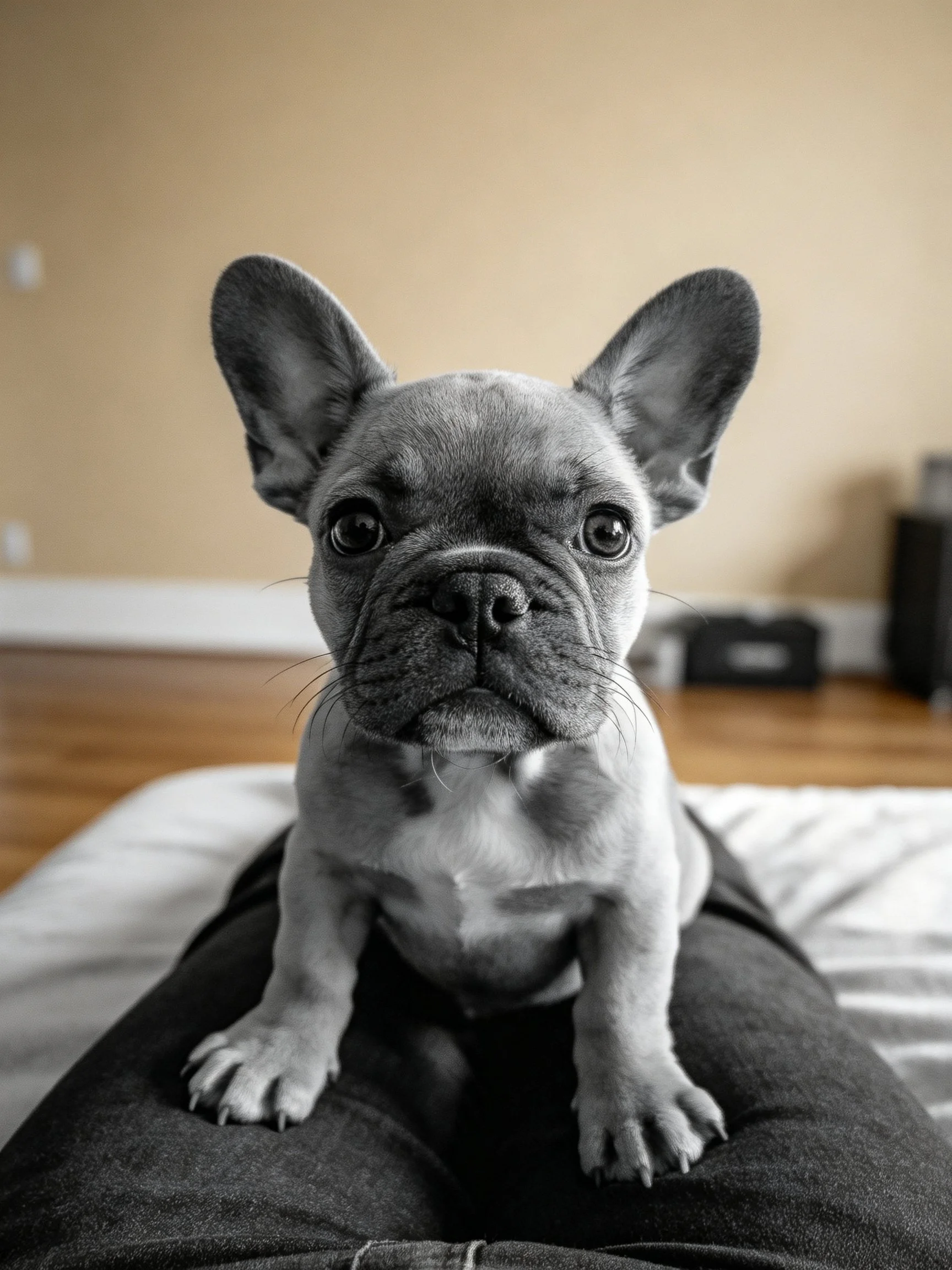 A small French bulldog puppy sits atop dark clothing in an indoor space.
