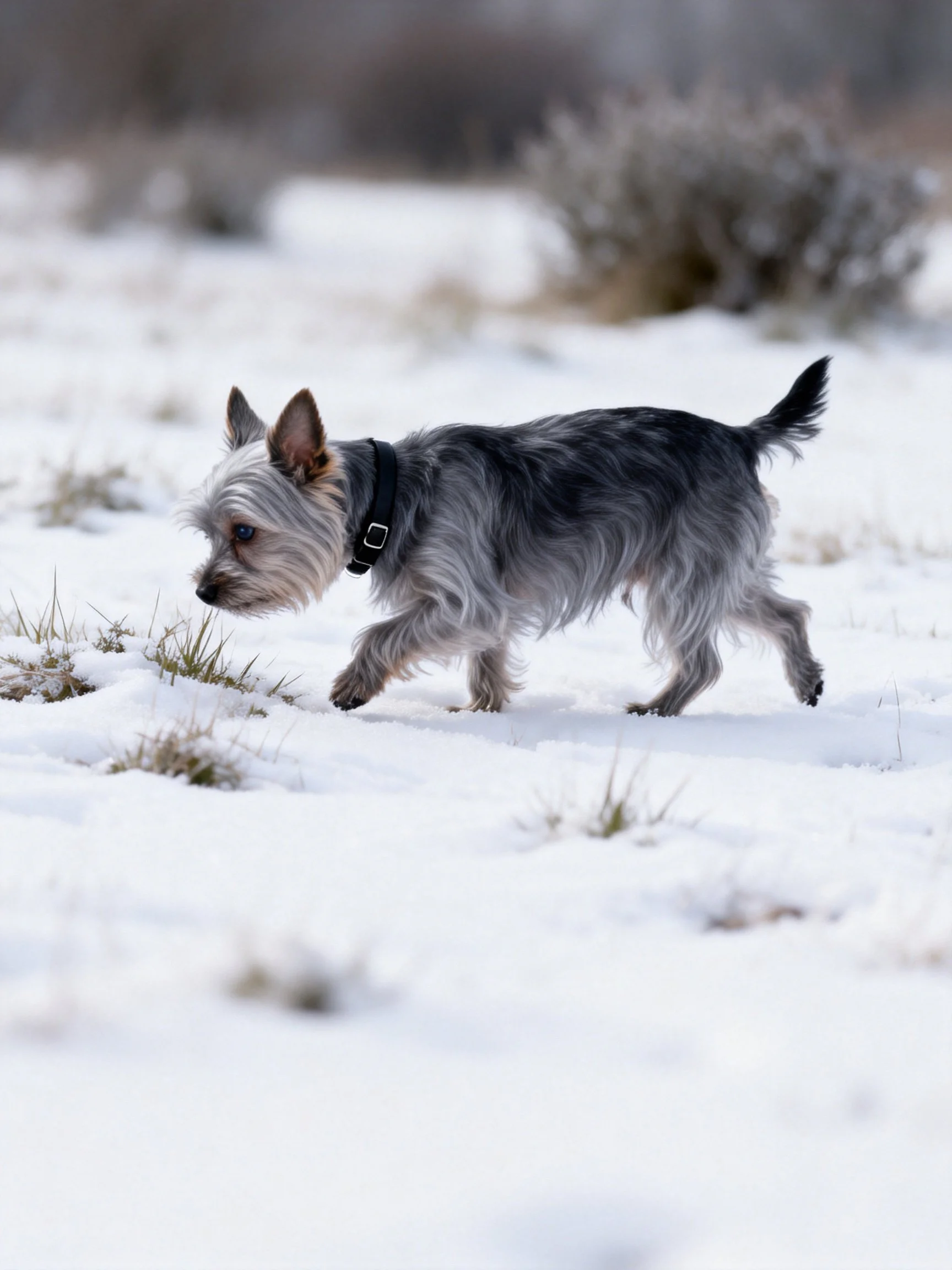 A small gray and black dog explores a snowy area with sparse grass patches.