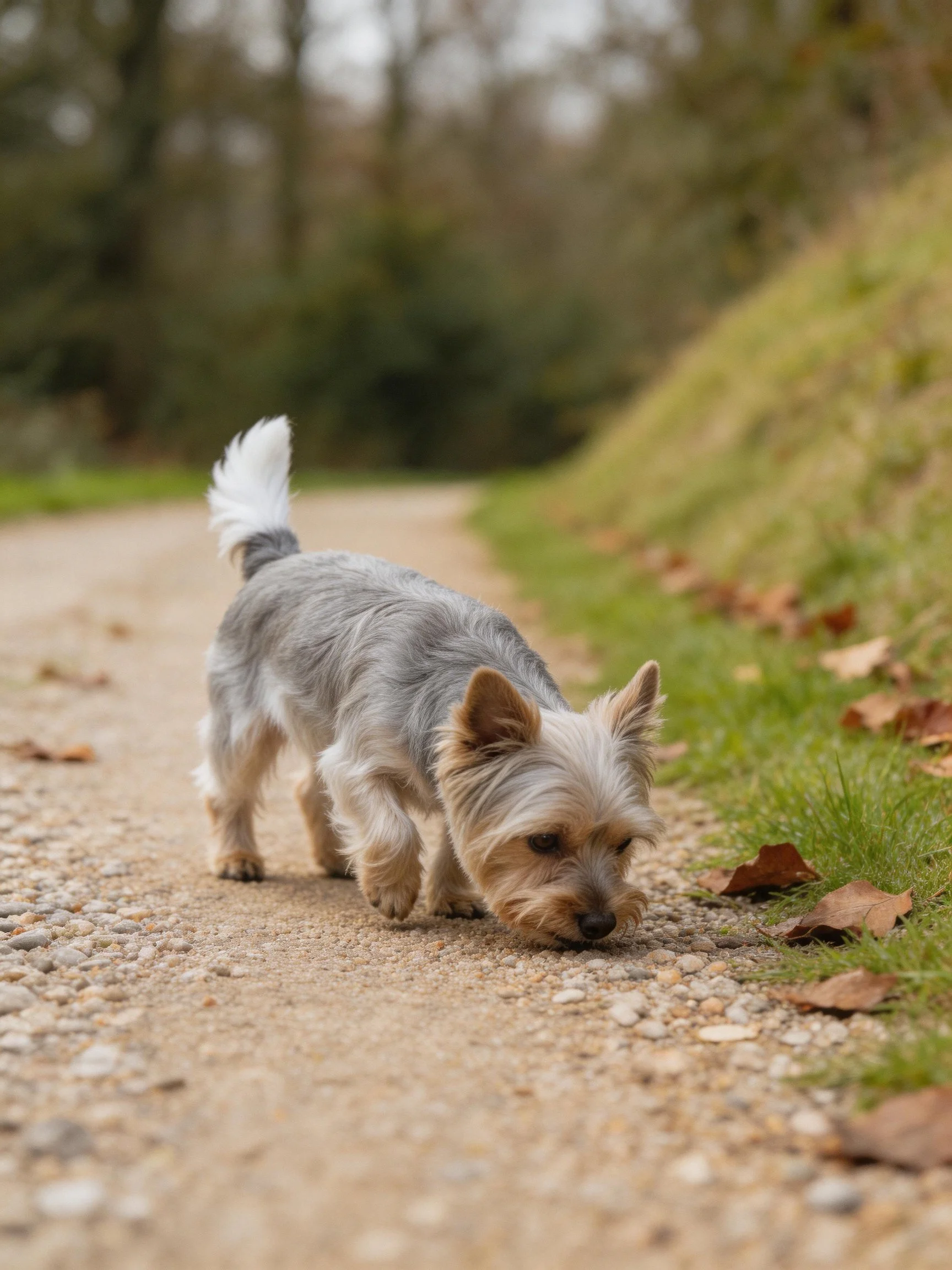 A small gray and tan dog explores a leaf-strewn gravel path