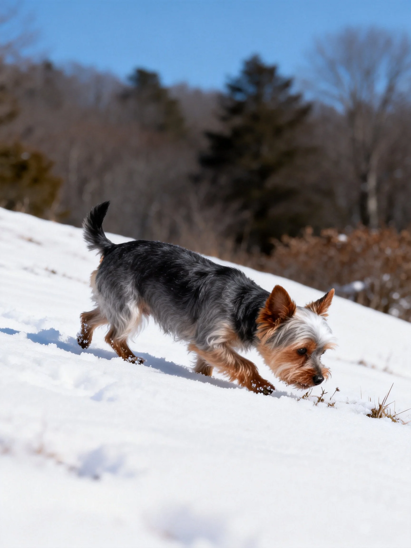 A small gray and tan dog explores a snowy hillside