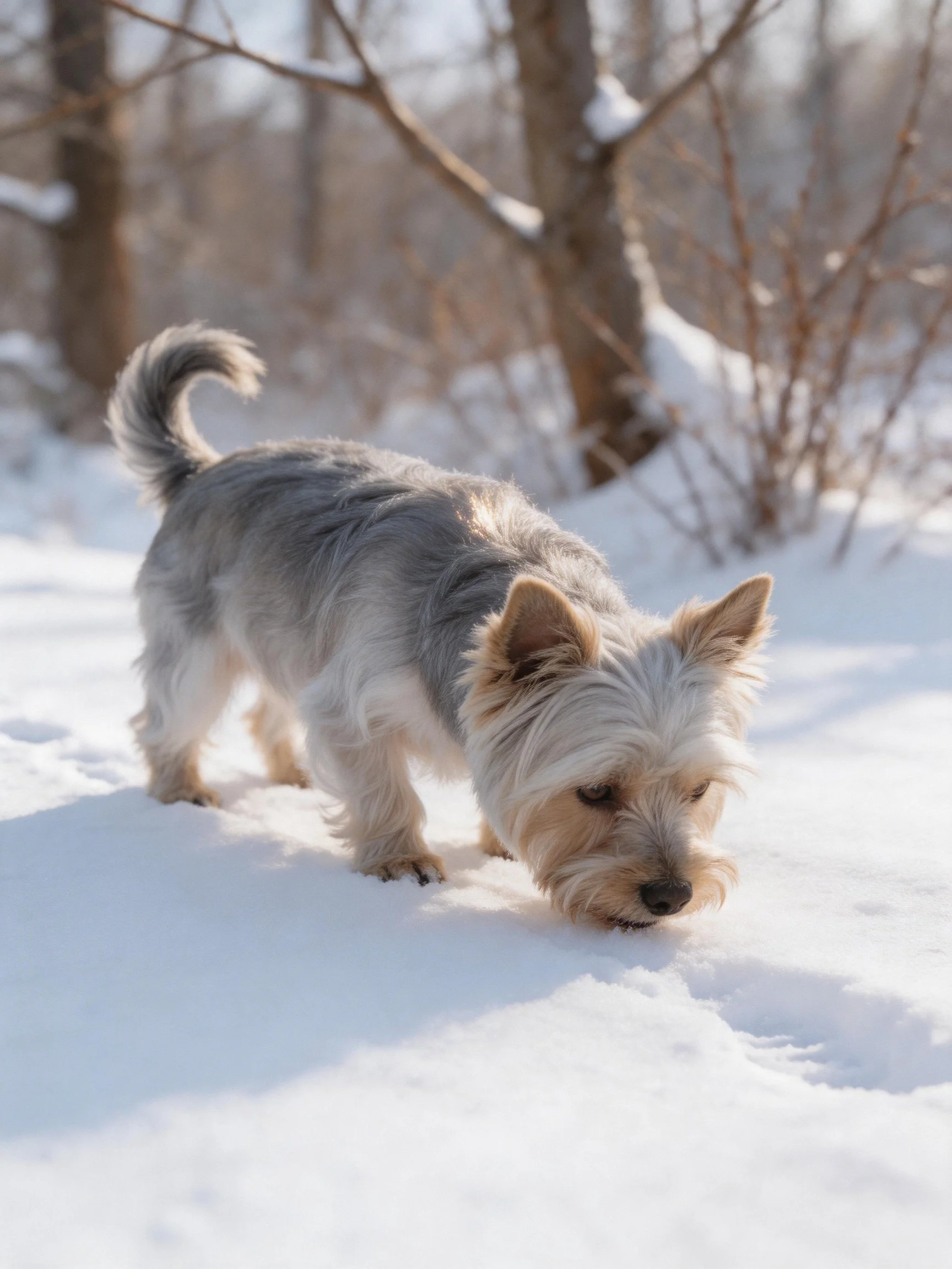 A small gray and tan dog explores a snowy wooded area