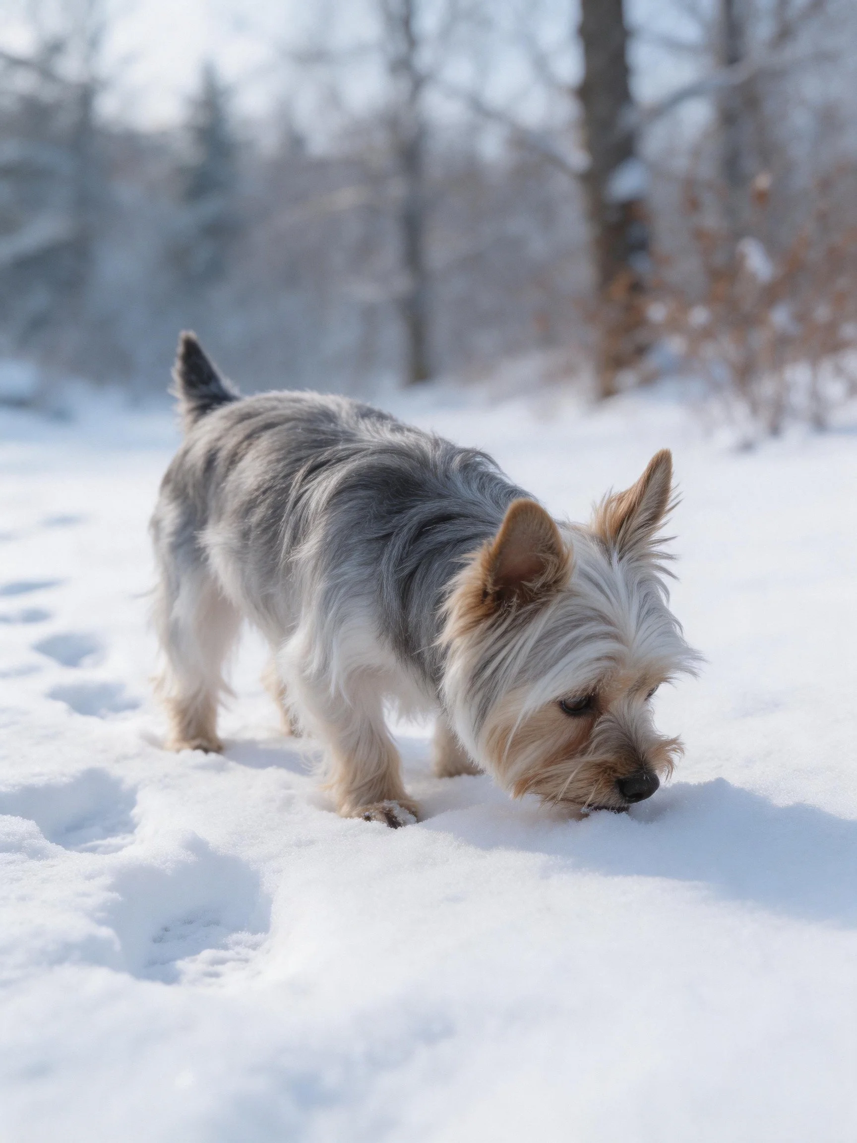 A small gray and tan dog exploring snow-covered ground
