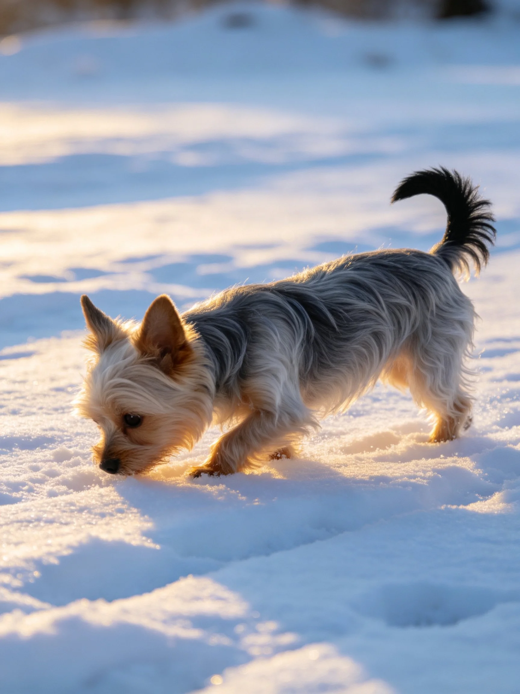 A small dog explores a snowy outdoor setting.
