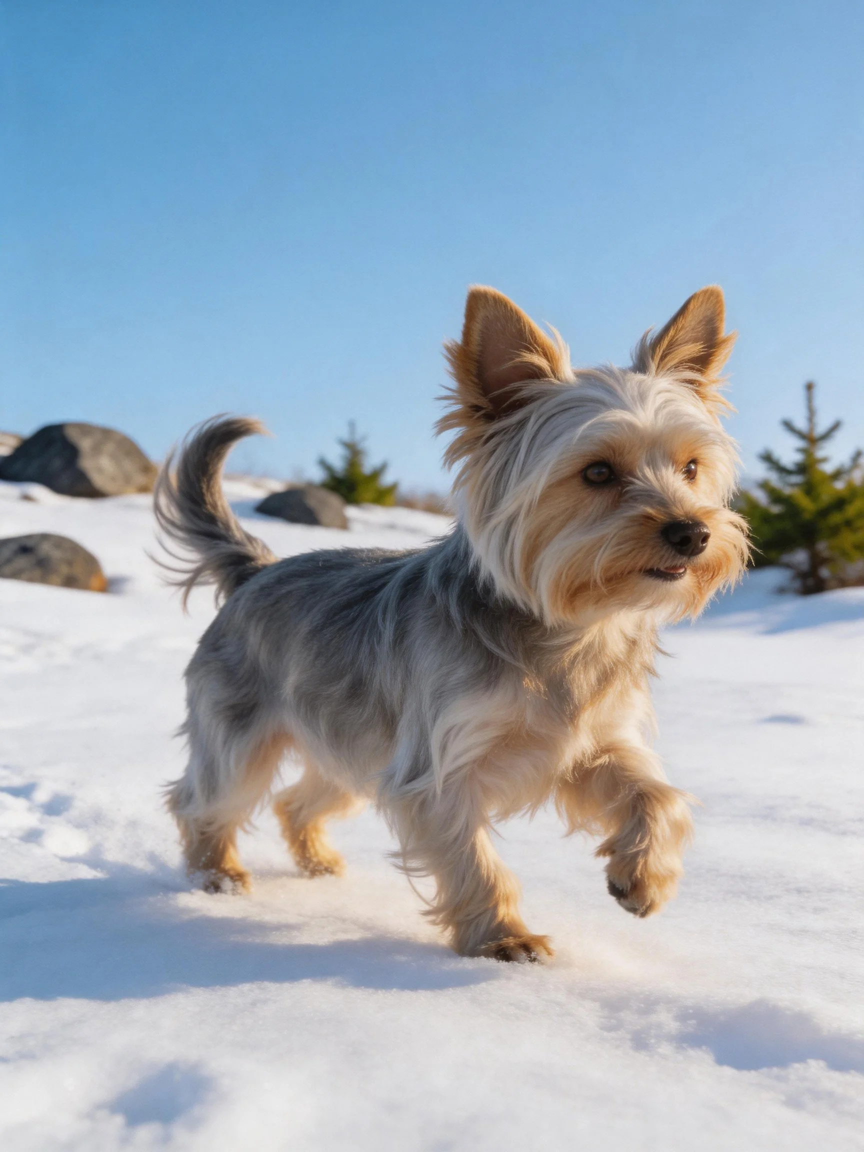 A small dog runs joyfully through a snowy landscape with rocks and trees.
