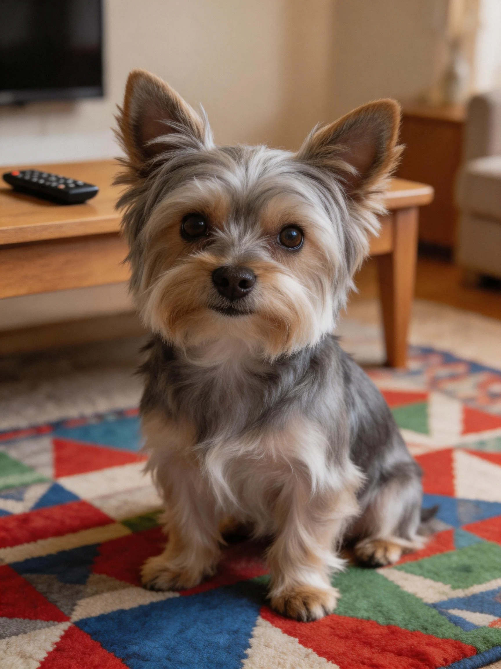 A small dog sits on a colorful rug in a cozy living room setting.