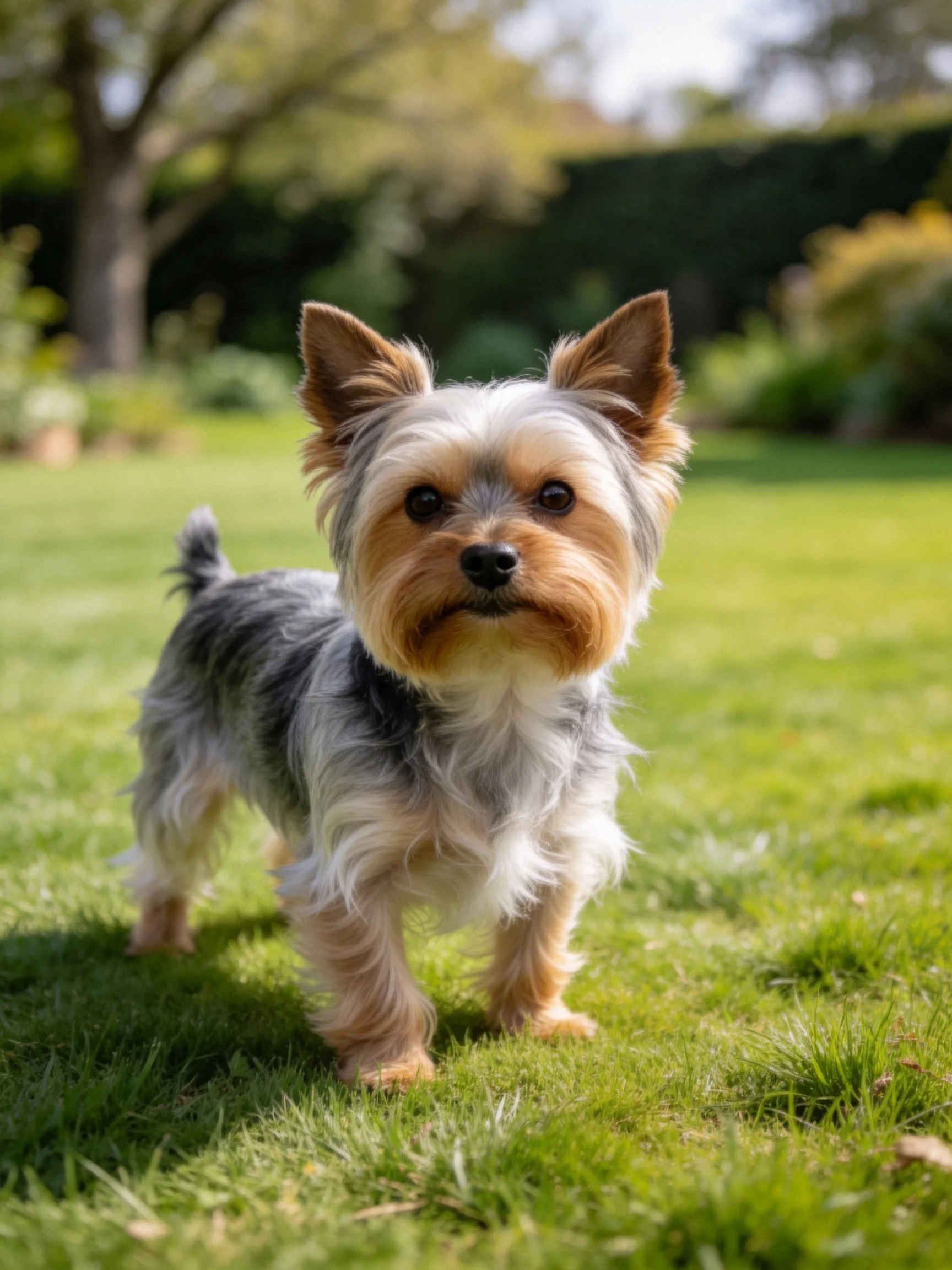 A small gray and tan dog stands on a bright green lawn in a sunny garden.