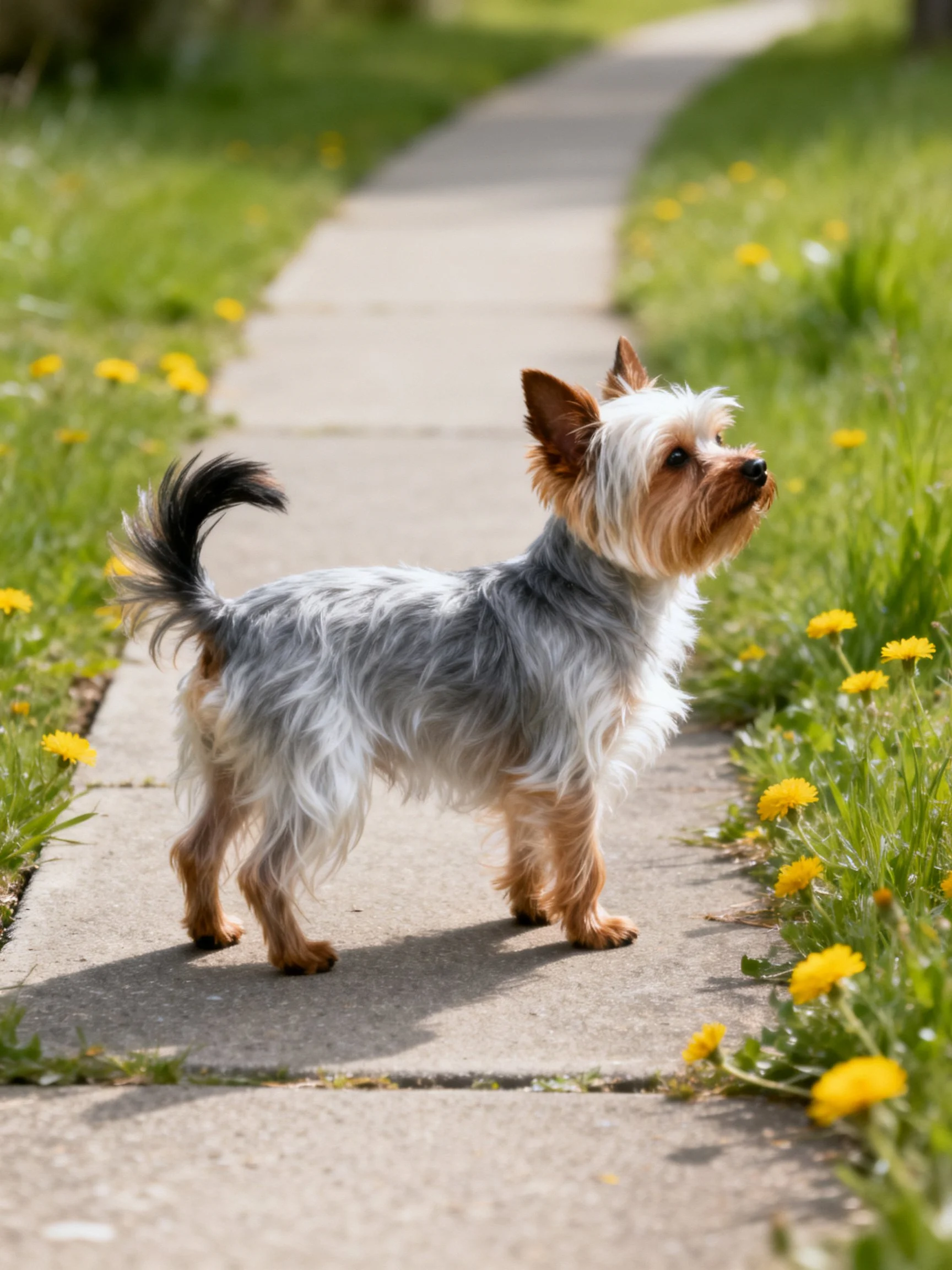 A small gray and tan dog stands alert on a sunlit sidewalk path.