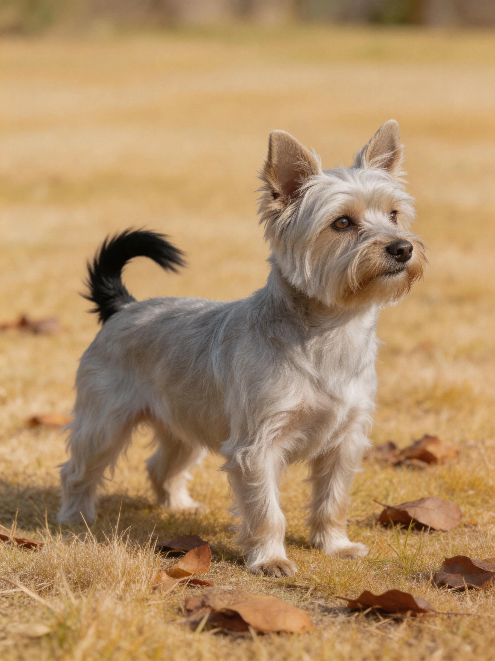 A small gray and tan dog stands alertly among dry grass and fallen leaves.